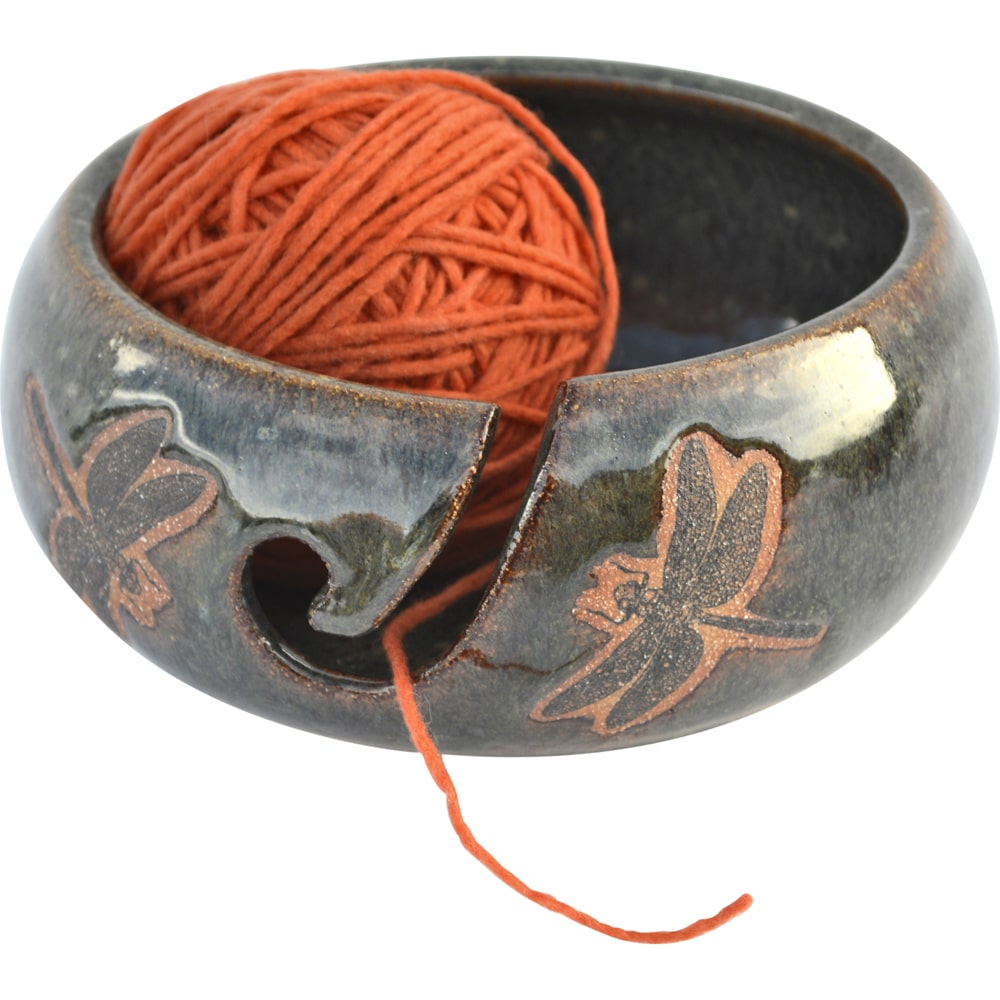 Always Azul Yarn Bowl with Dragonfly Design - Handmade Ceramic Yarn Holder for Knitting & Crocheting - Perfect for Crafting, DIY Projects & Home Decor