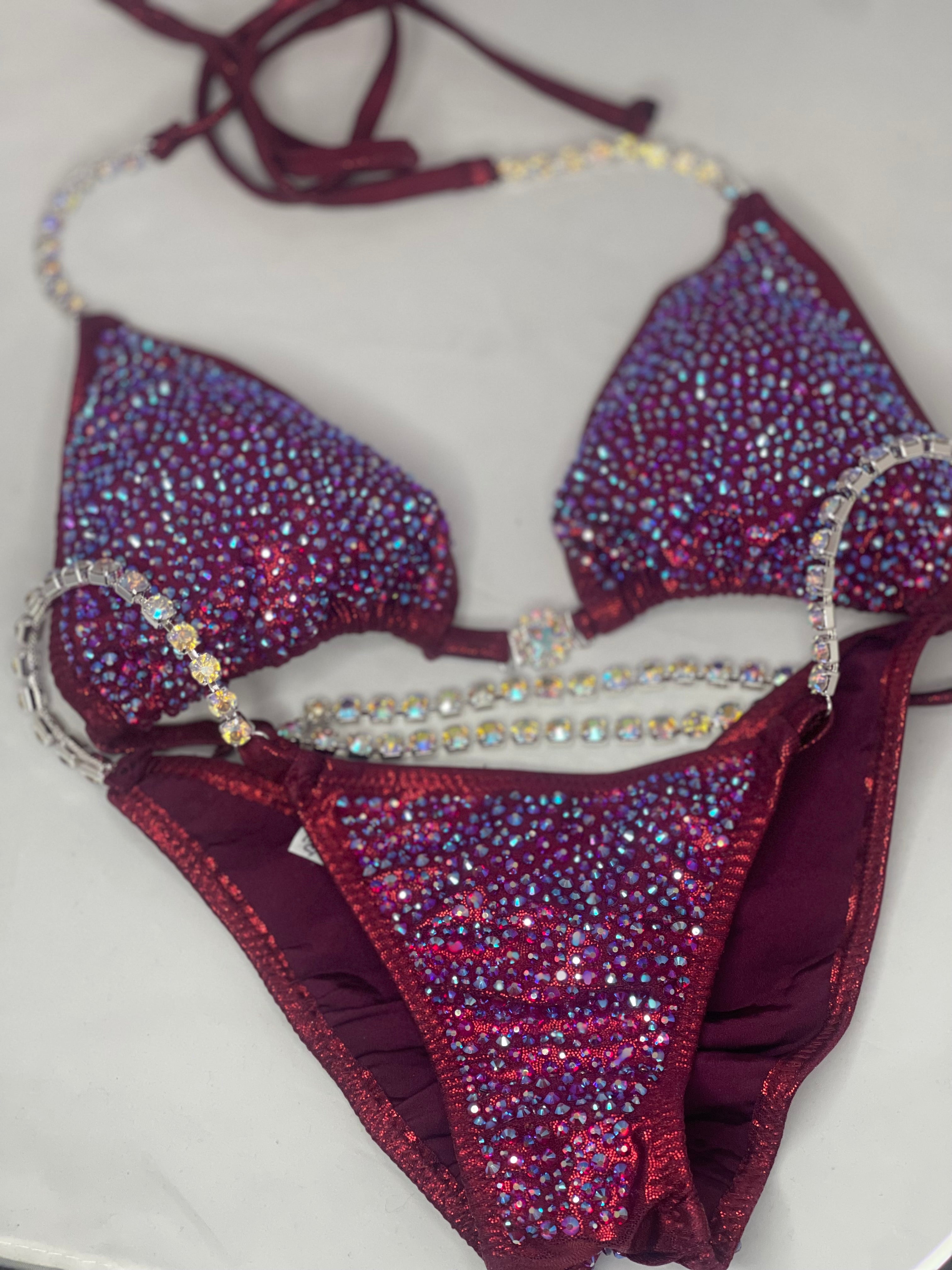 Burgundy Dark Red Maroon Bikini with Multi-Colored Rhinestone Design | Shimmering Swimsuit for Beach, Pool Party & Vacation | Statement Women's Swimwear