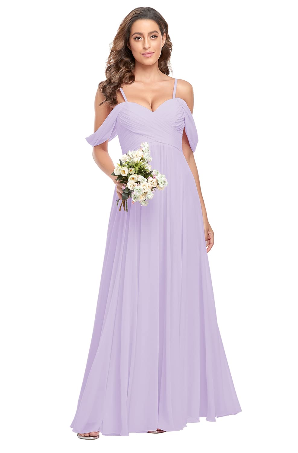 Elegant Off-the-Shoulder Bridesmaid Dress - Long Chiffon Prom Gown with Pleated Details & Spaghetti Straps - Perfect for Weddings, Formal Events & Evening Parties