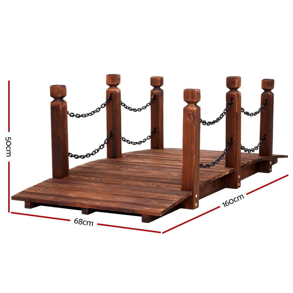 160cm Wooden Garden Bridge with Chain - Rustic Outdoor Decor for Pathways, Ponds & Landscaping - Perfect for Backyard, Patio & Garden Design