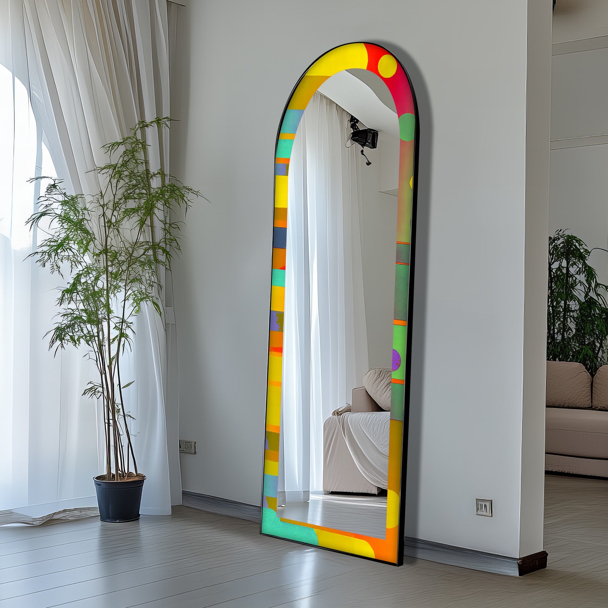 Abstract Circle and Stripe Full Length Floor Mirror - Modern Decorative Wall Mirror for Bedroom, Living Room & Entryway