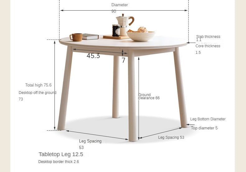 Birch Solid Wood Round Dining Table - White Cream Style Rock Board - Perfect for Modern Kitchens, Dining Rooms & Small Spaces