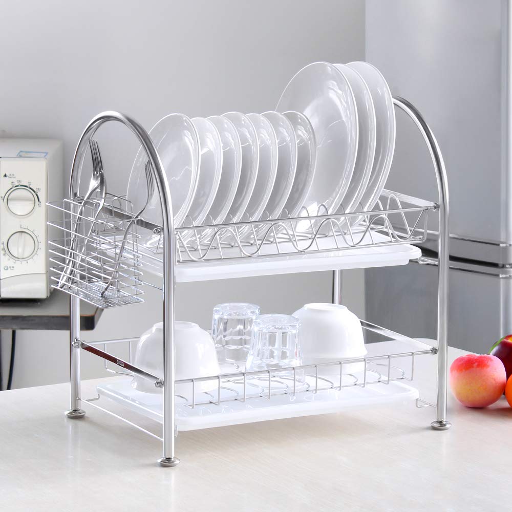 Melos 2-Tier Stainless Steel Dish Drying Rack with Drainboard - Large Kitchen Counter Organizer with Utensil Holder, Water Tray & Cup Holder (Silver) | Space-Saving Dish Drainer for Small Kitchens & Apartment Living