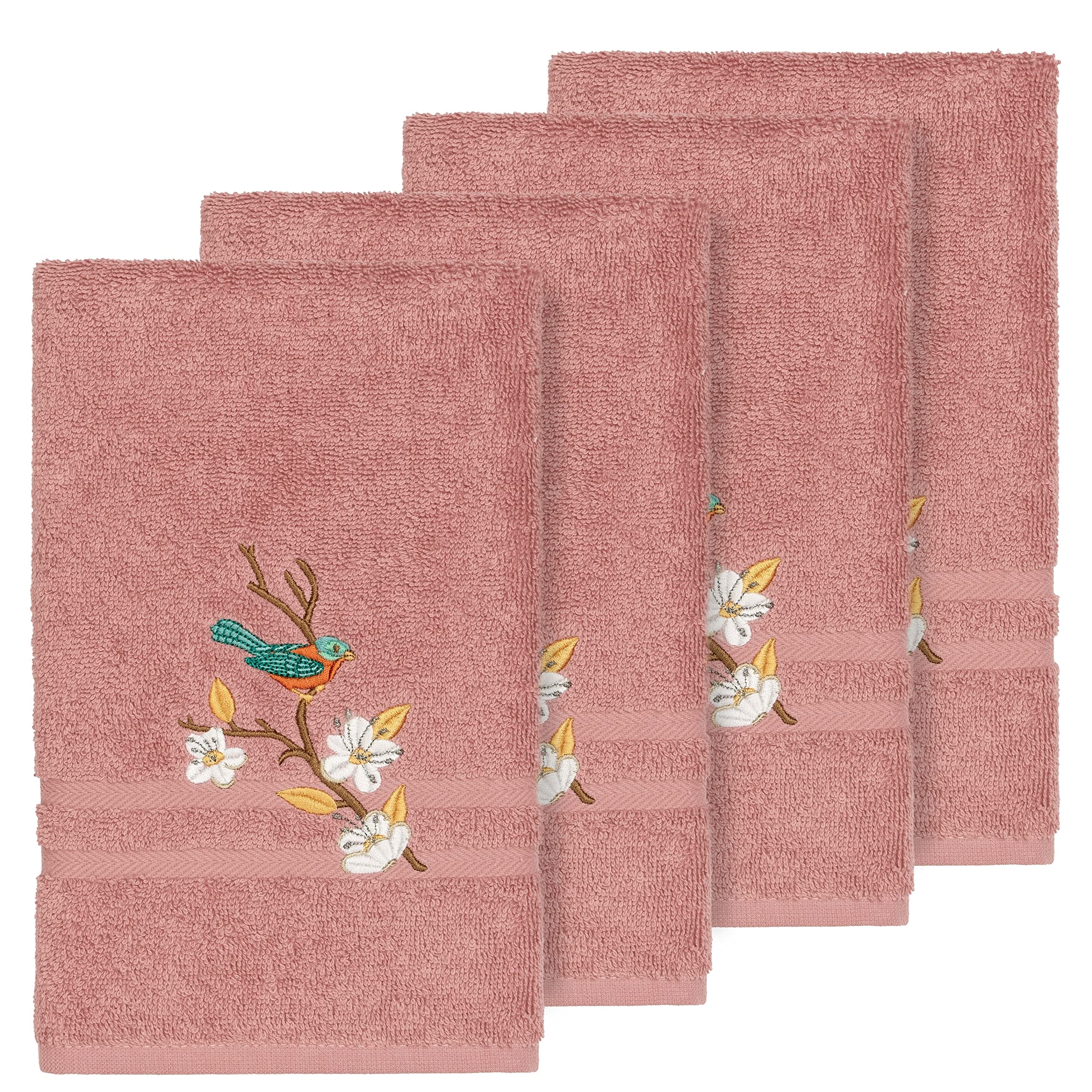 Premium Turkish Cotton Hand Towel Set - 4-Piece Blue Bird & Tea Rose Embroidered Bath Towels for Kitchen, Bathroom & Guest Use | Soft, Absorbent & Decorative