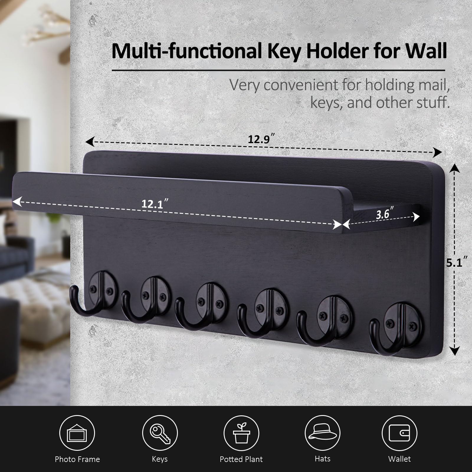 12.9 Inch Wooden Wall Key Holder with 6 Hooks & Display Shelf - Entryway Organizer for Keys, Mail & Small Items - Perfect for Living Room, Kitchen, Hallway & Office (Black)