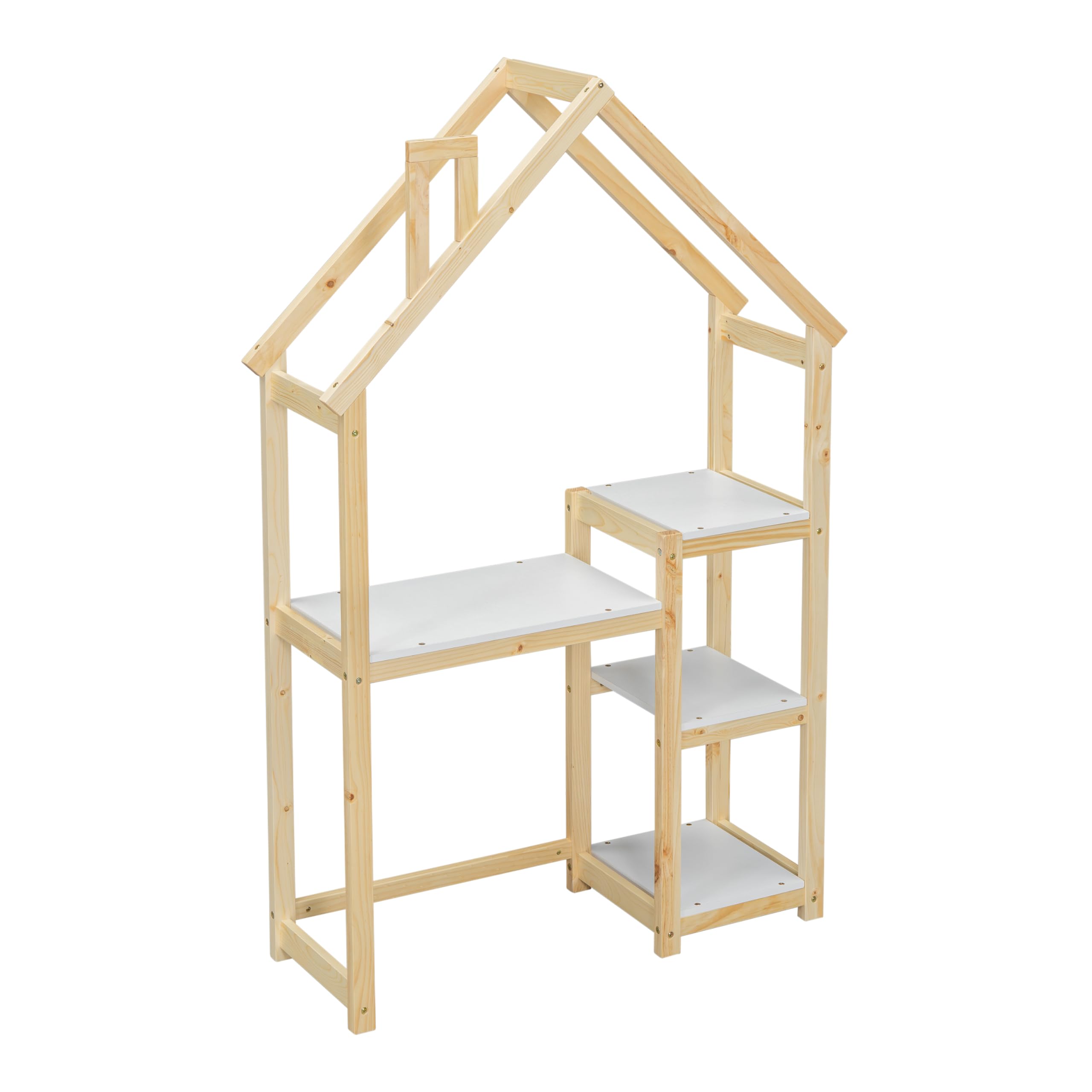 Kids Wooden House-Shaped Writing Desk - Multi-Functional Study Table with 3-Tier Storage Shelves, Open Bookshelf & Toy Organizer - Natural Wood Playroom Furniture for Homework, Crafts & Pretend Play