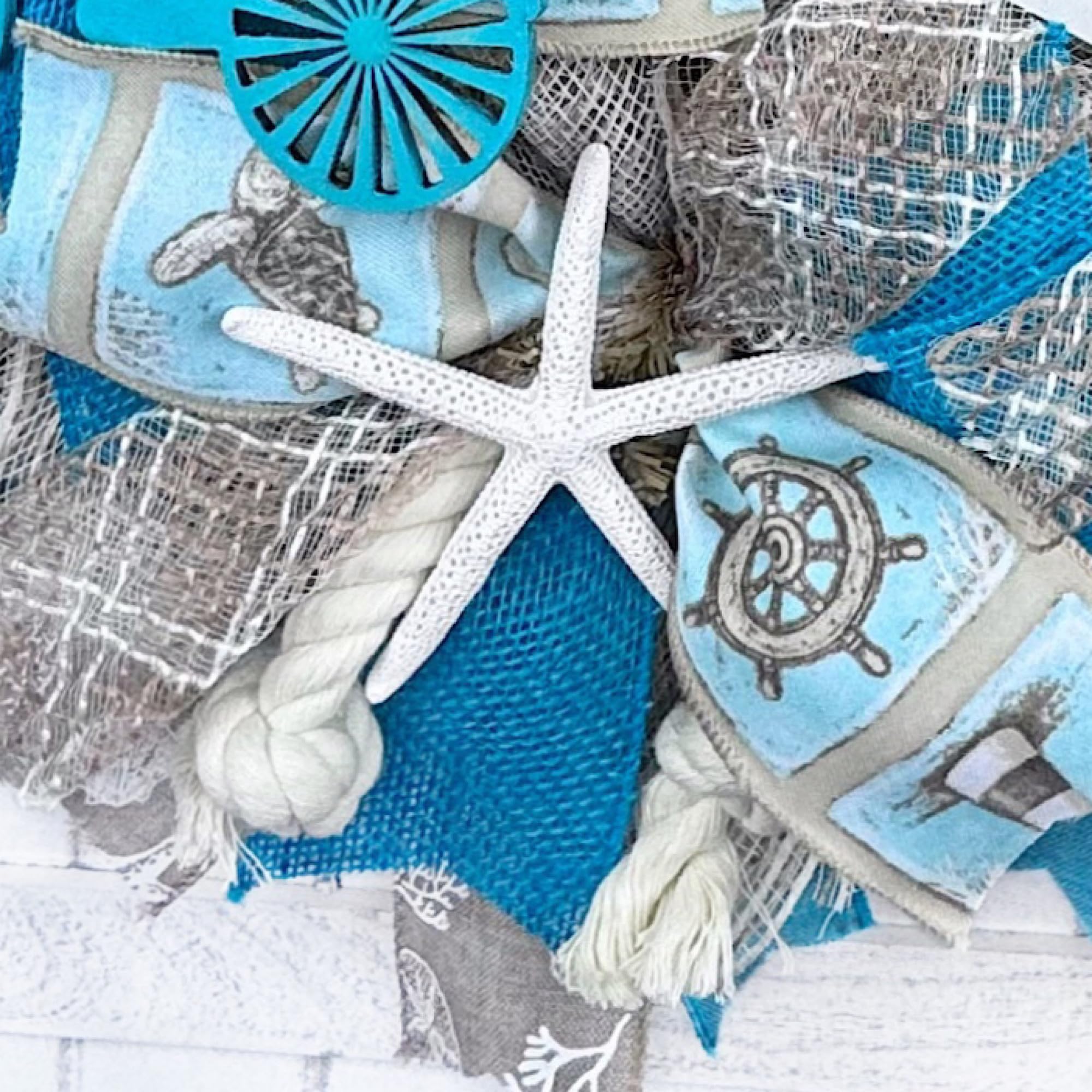 Handmade Coastal Beach Wreath with White Sand Deco Mesh, Starfish, Sand Dollar & Seashells - Perfect for Ocean-Themed Home Decor, Front Door Welcome or Beach House Wall Art