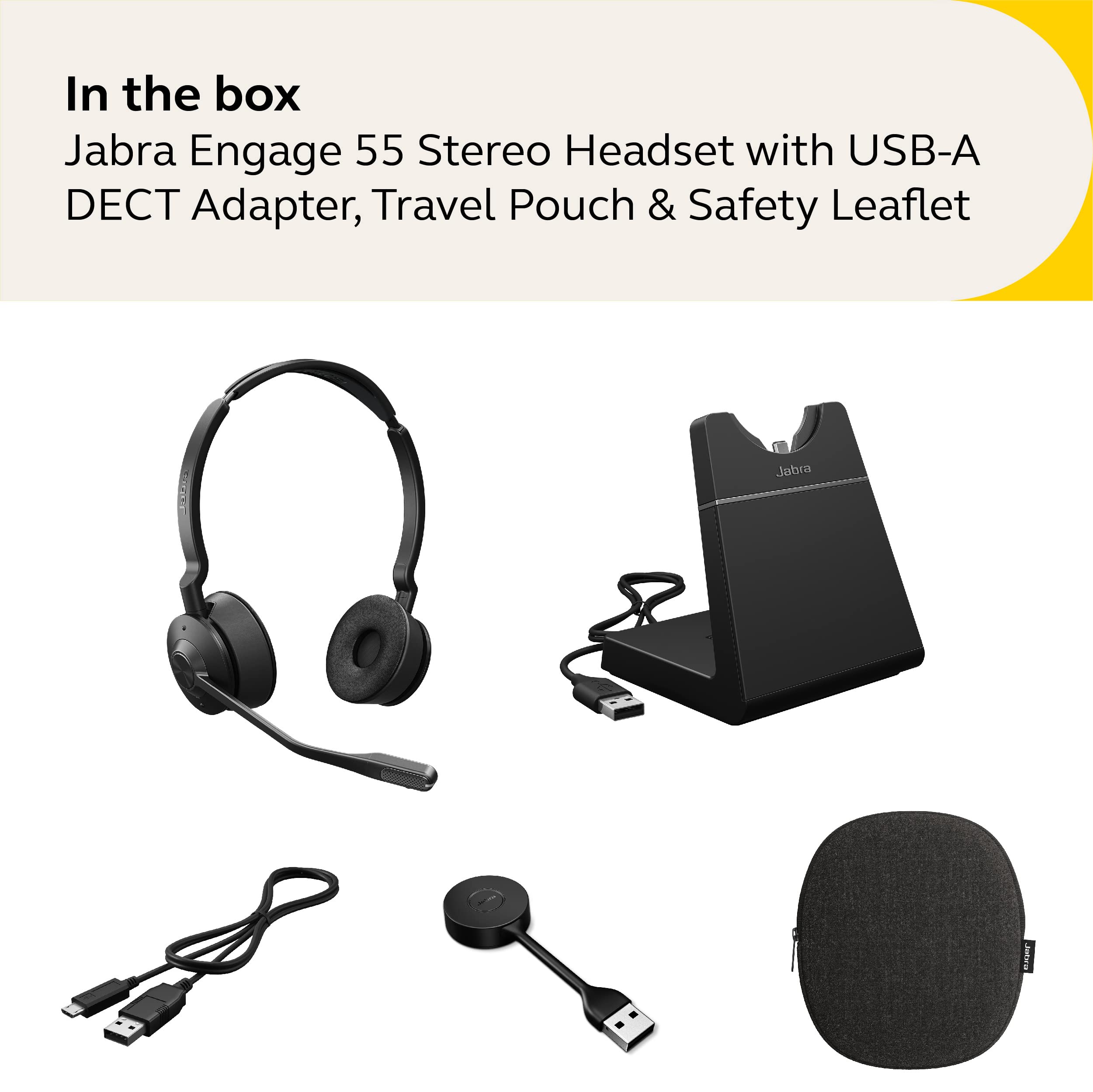 Jabra Engage 55 Stereo Wireless Headset with Link 400 USB-A DECT Adapter & Charging Stand – Noise Cancelling Mic, Long Range – MS Teams Certified, Compatible with Zoom/Slack/Skype – Black – Perfect for Home Office & Call Center Professionals