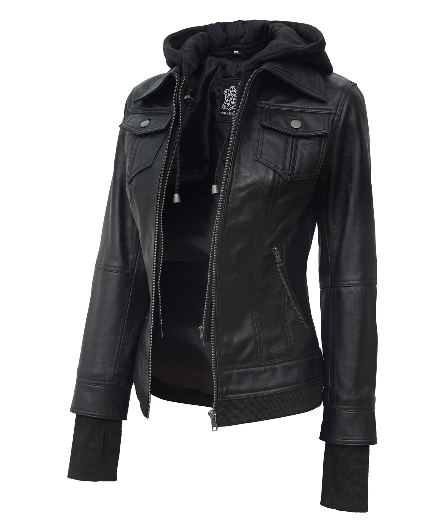 Decrum Women's Hooded Leather Jacket - Genuine Lambskin Biker Jacket with Detachable Hood | Stylish Outerwear for Motorcycle Riding, Casual Wear & Fall Fashion