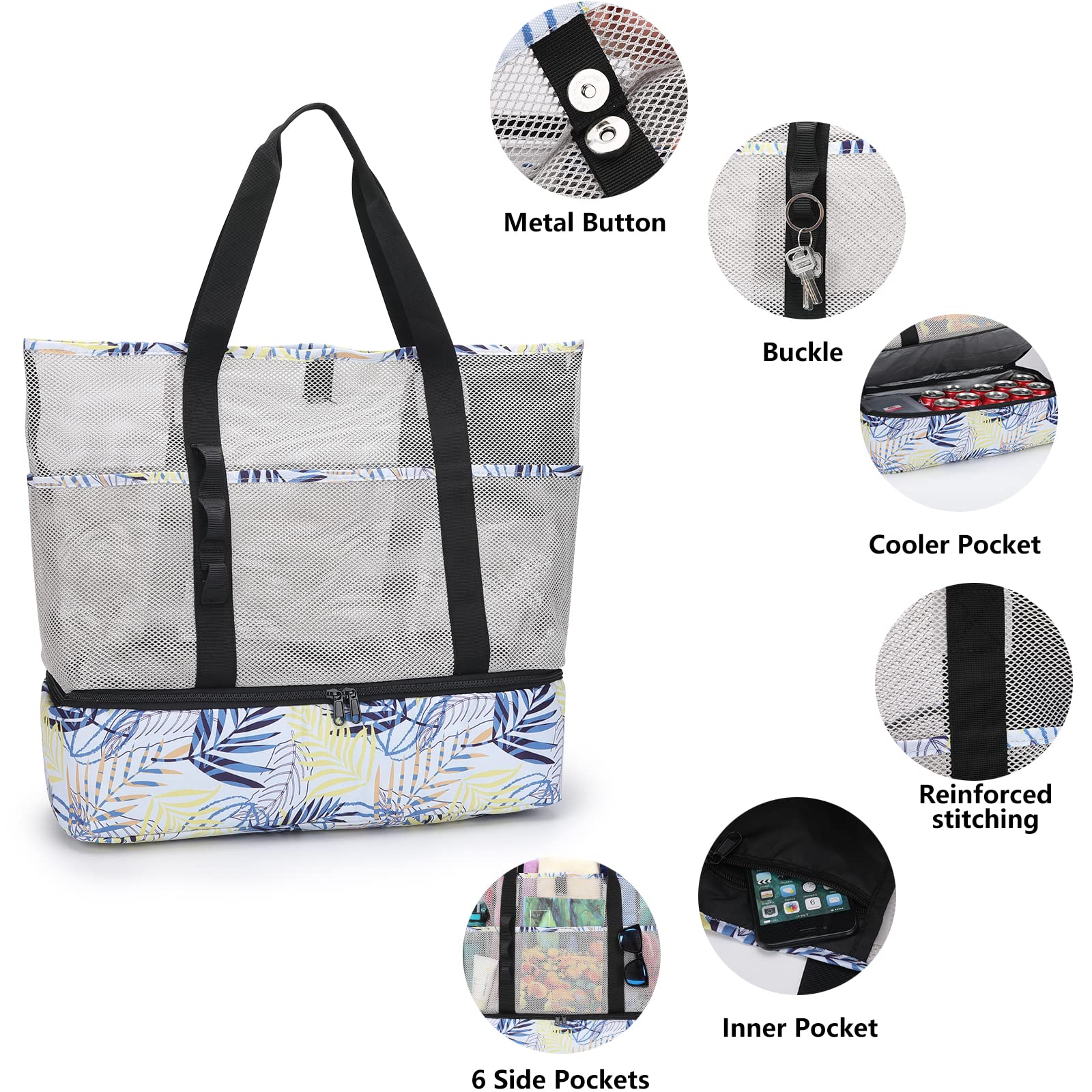 Cooler Beach Bag for Women - Sandproof, 8 Pockets - Pool & Travel Essentials