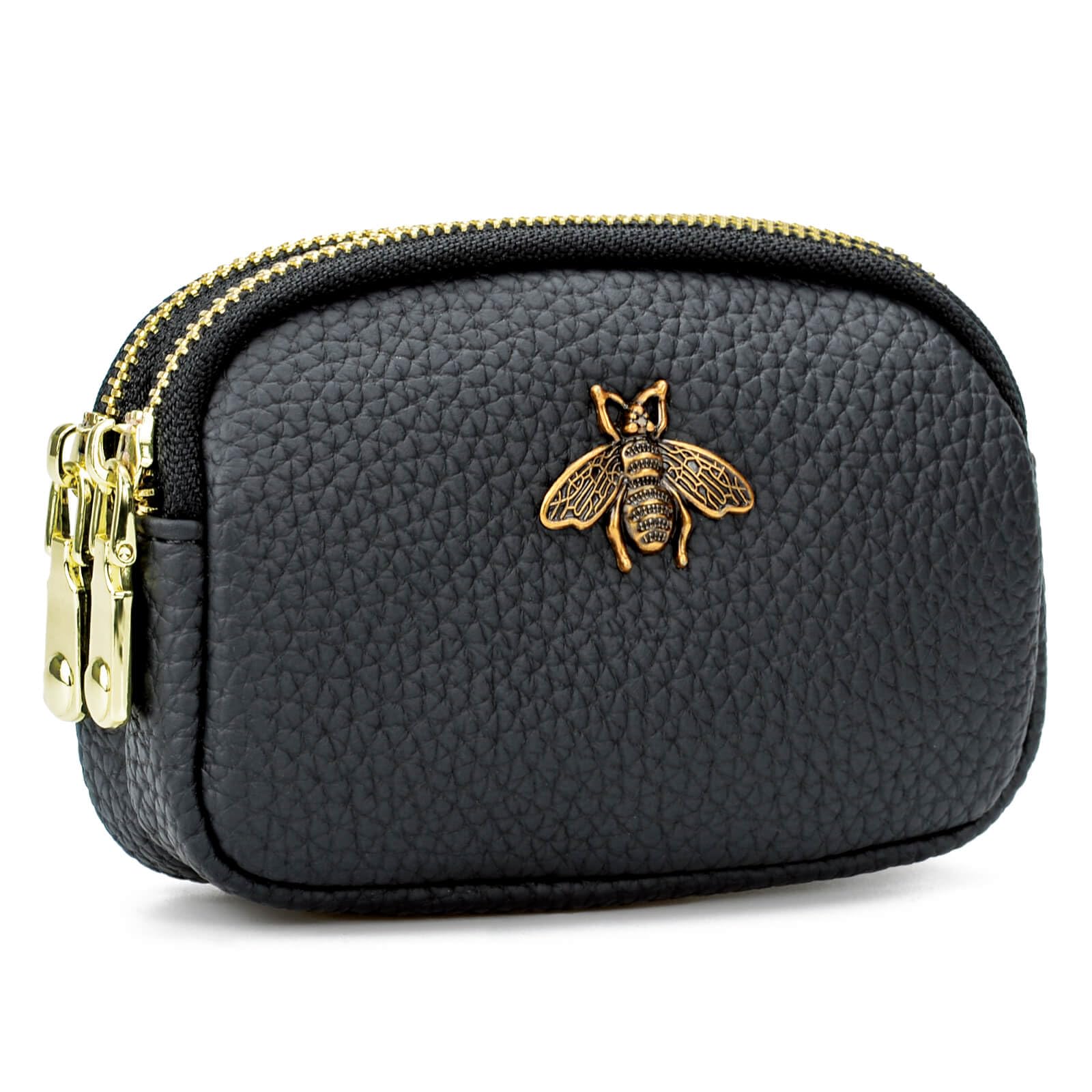 WOZEAH Leather Coin Purse for Women - Small Zipper Wallet with Key Ring for Cash & Cards (Black) - Perfect for Travel & Daily Use