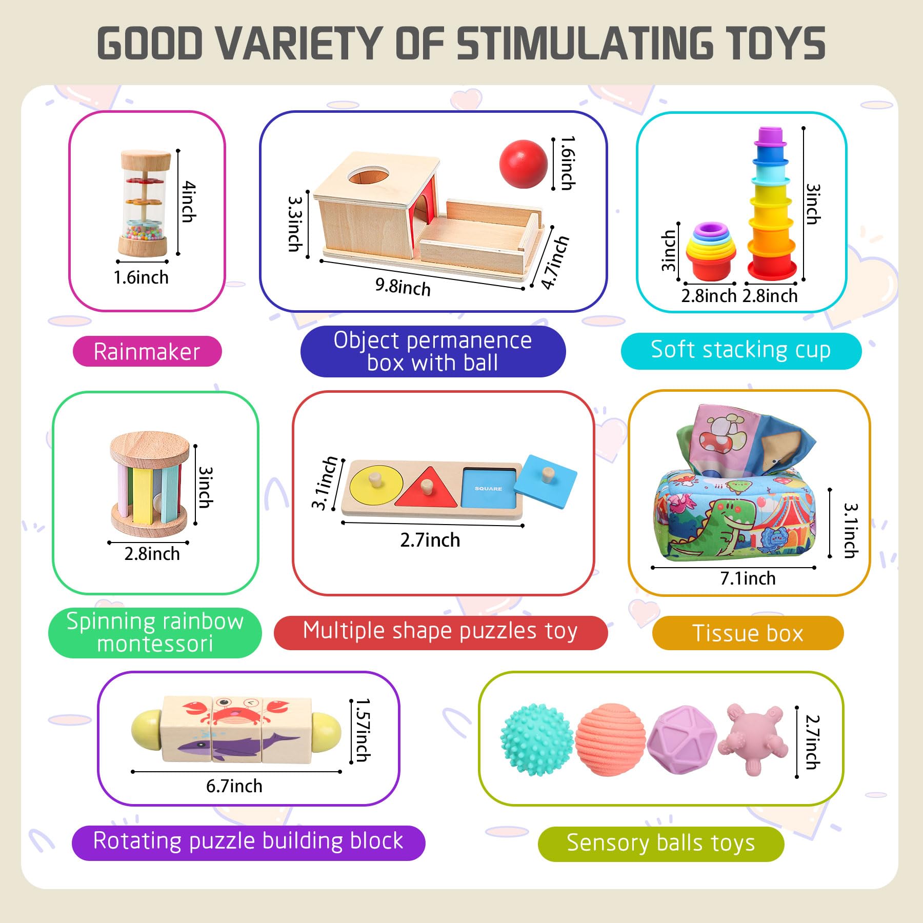 Montessori Toys for Babies 6-12 Months & Toddlers 1-2 Years Old | 8-in-1 Wooden Educational Sensory Toy Set with Stacking Cups, Sensory Balls & Tissue Box | Early Learning Developmental Toys for Infant & Toddler Playtime, Daycare & Home Education