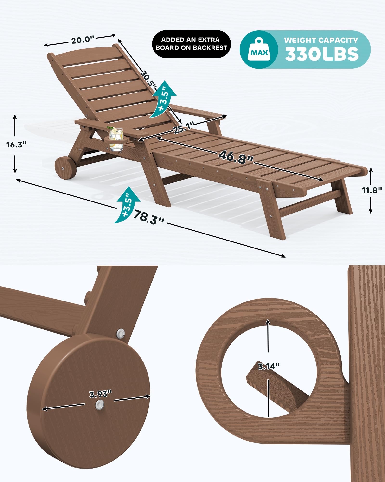 SERWALL 2-Piece Adjustable Patio Chaise Lounge Chair Set - 5-Position HDPE Outdoor Lounge Chairs with Rolling Wheels & Cup Holder - Perfect for Poolside, Deck, Garden, and Backyard Relaxation - Brown