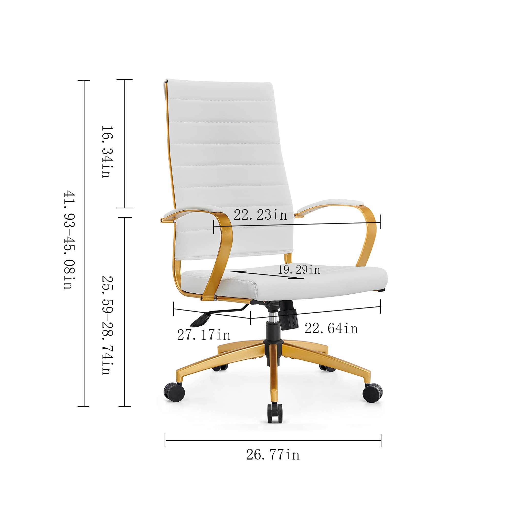 Modern Gold Ergonomic Office Chair with Wheels & Adjustable Arms - High Back Leather Executive Desk Chair for Home & Office - Comfortable Computer Chair for Long Hours (GD-White) - Perfect for Workspaces, Gaming & Conference Rooms
