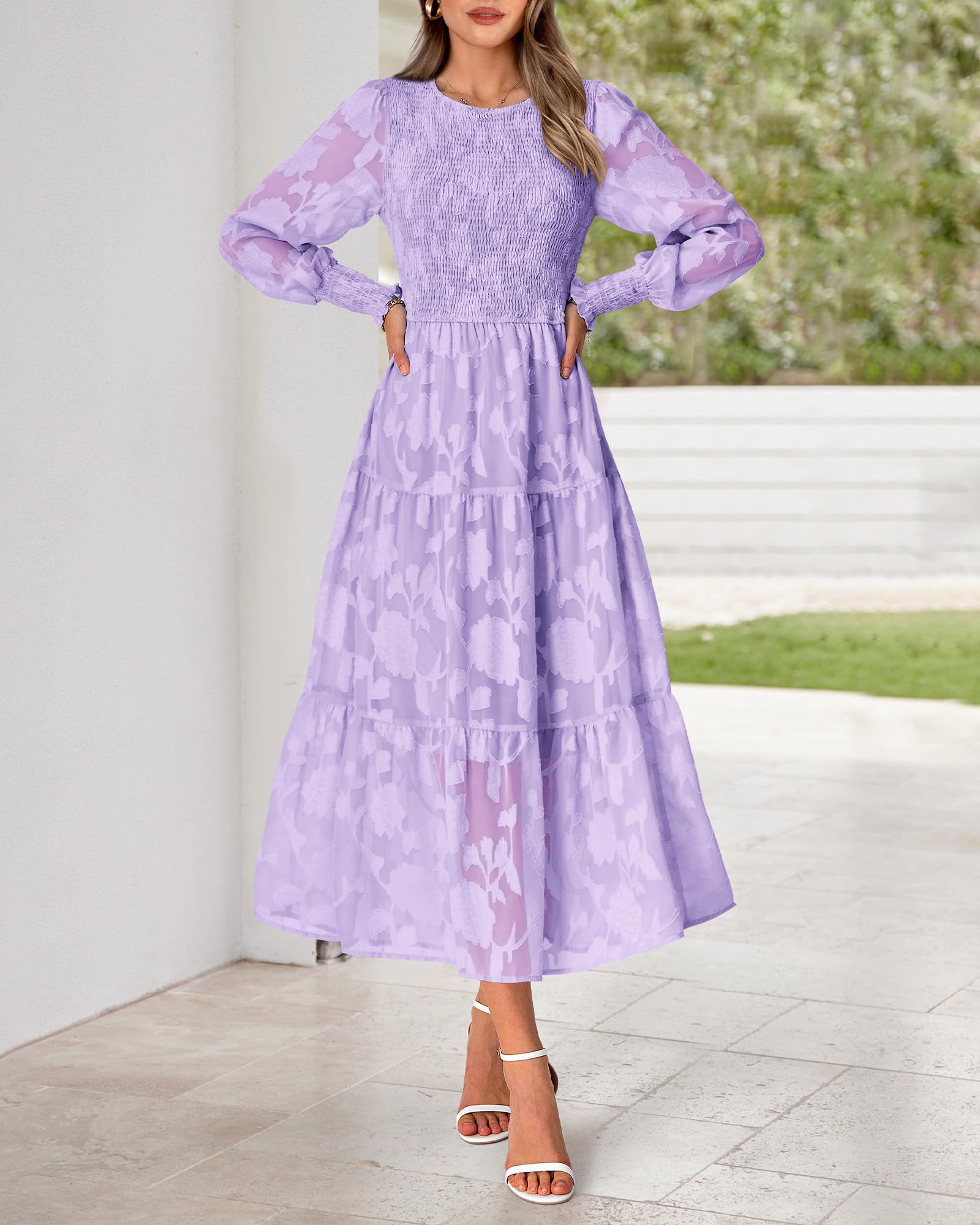 BTFBM Women's Elegant Floral Midi Dress - Long Sleeve Bohemian Wedding Guest Dress for Spring 2025 | Perfect for Garden Parties, Bridal Showers & Formal Events
