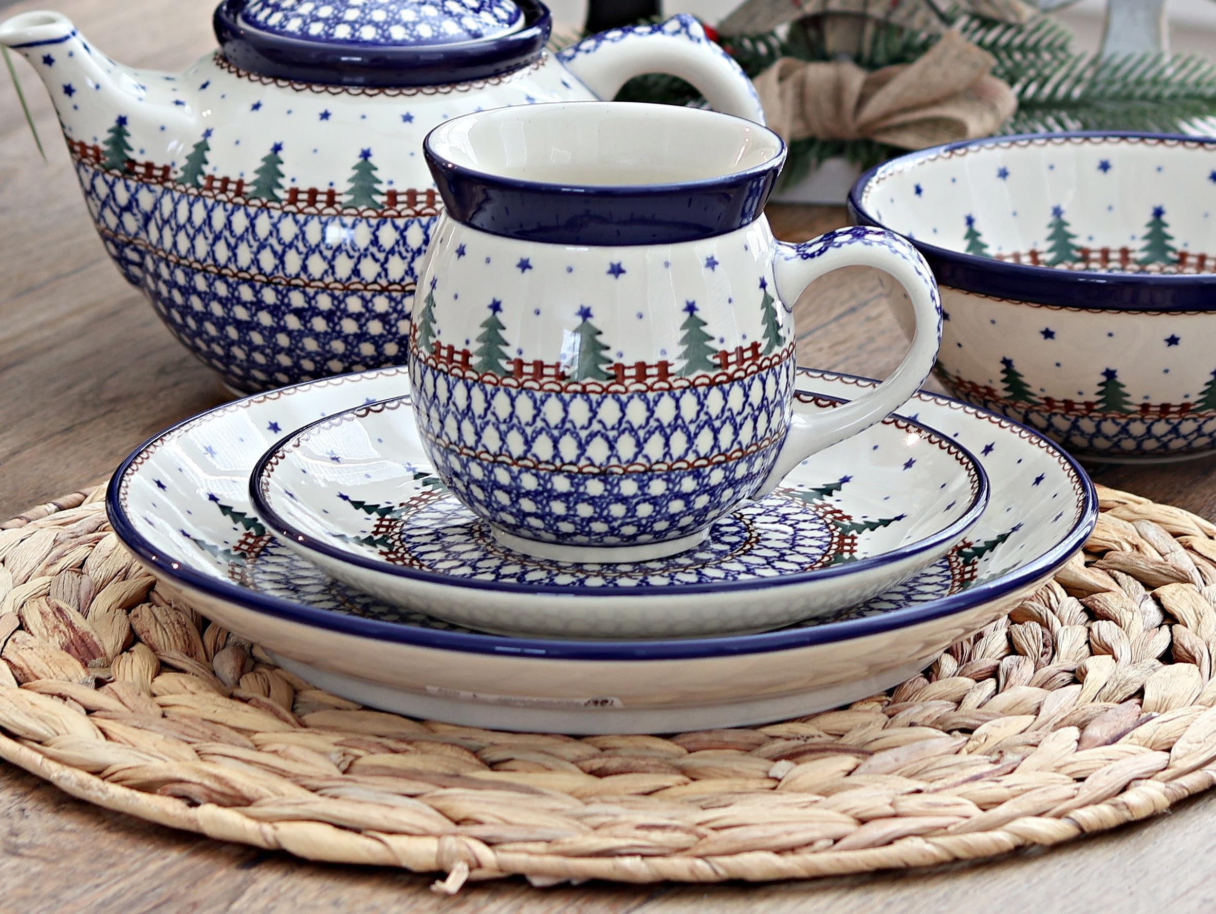 Handmade Blue Rose Polish Pottery Mug - Rustic Pines Design Ceramic Coffee Cup for Tea & Hot Drinks - Perfect for Cozy Mornings, Gift Giving & Farmhouse Decor
