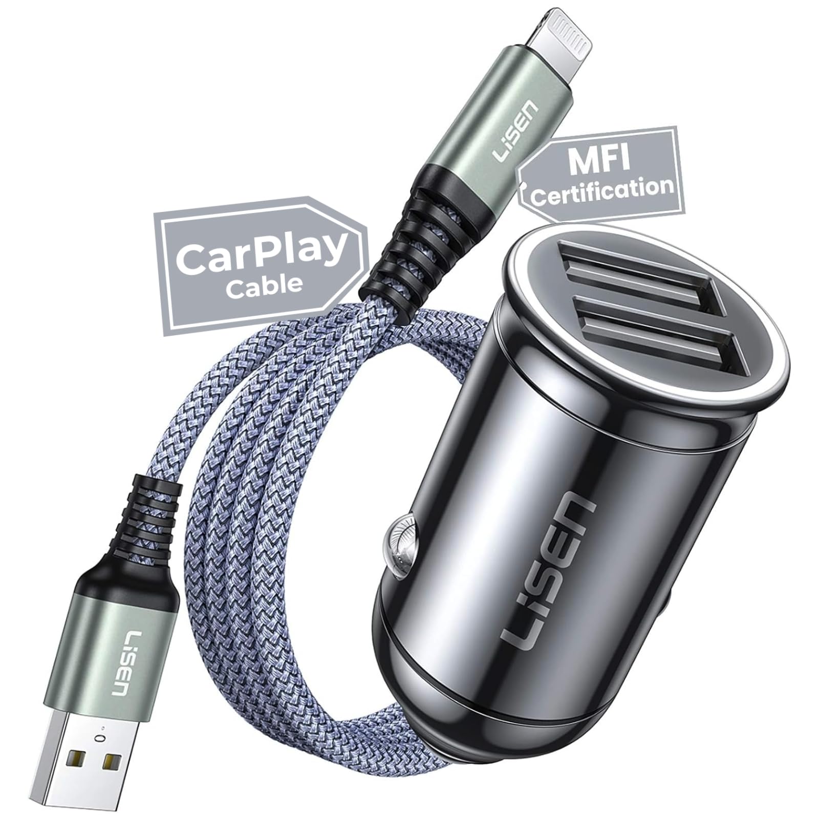 LISEN USB C Car Charger Adapter - 12V Cigarette Lighter to Dual USB PD & QC3.0 Fast Charging Port for iPhone 16/15 Pro Max, iPad, Samsung S24 - Perfect for Road Trips & Daily Commuting