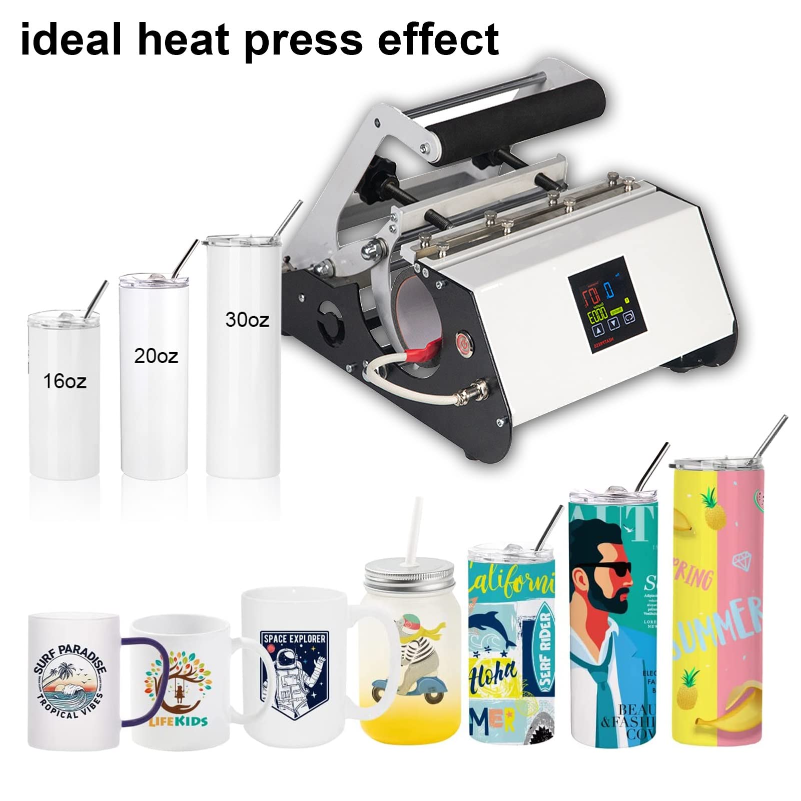 30oz/20oz/16oz Tumbler Heat Press Machine for Sublimation - White Ceramic Mug Press for Skinny & Straight Tumblers (11oz-30oz) - Perfect for DIY Custom Drinkware, Gifts & Small Business Printing