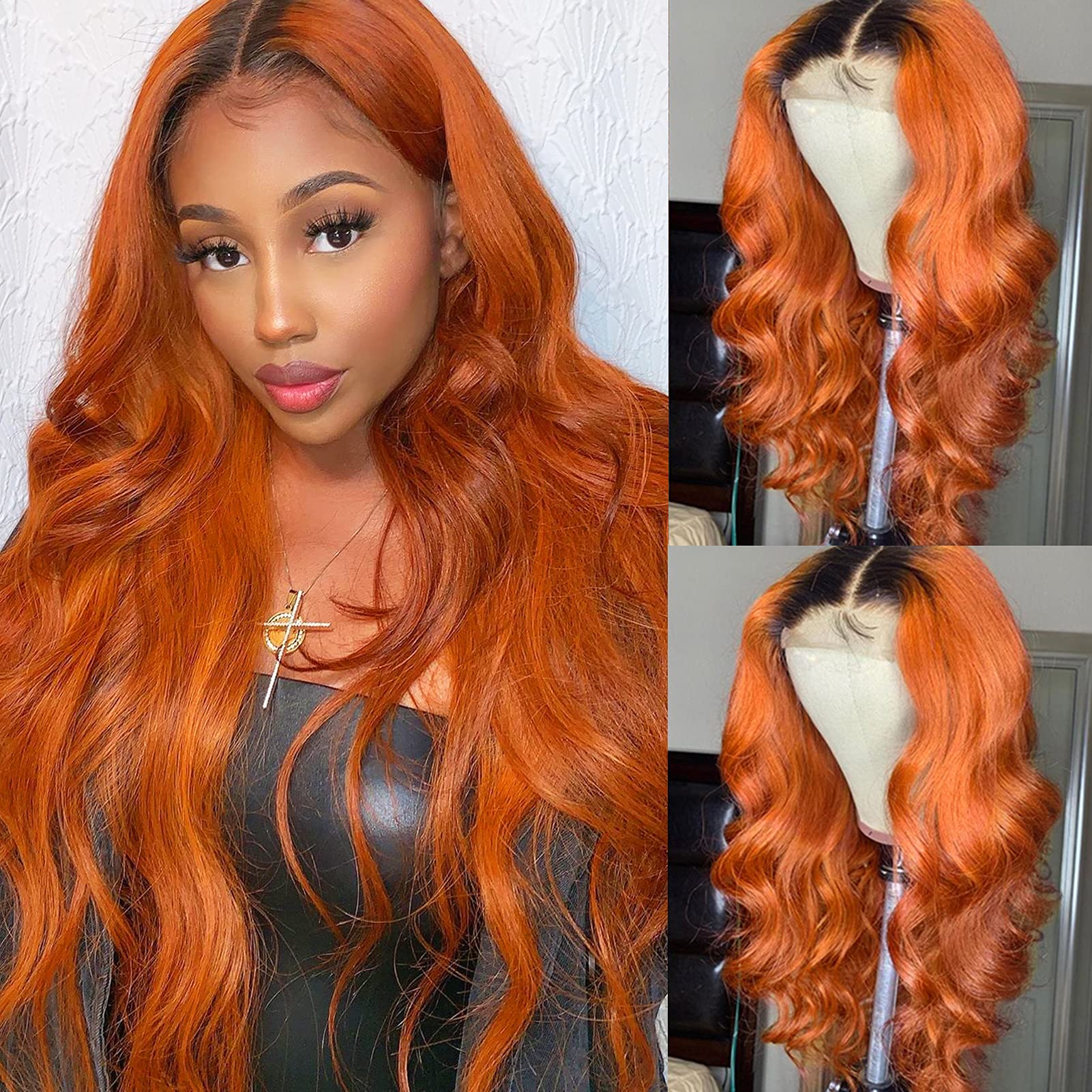 YMS 13x4 Lace Front Wigs Human Hair 180% Density - Ombre Orange Body Wave Wig with Bleached Knots & Baby Hair | Pre-Plucked Transparent Lace Wig for Women (16 Inch) | Perfect for Daily Wear, Cosplay, and Special Occasions