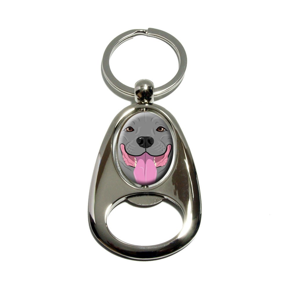Pitbull Dog Bottle Opener Keychain - Blue Nose Gray Chrome Plated Metal Spinning Oval Design for American Staffordshire Terrier Pet Lovers | Perfect for Key Rings, Gifts & Beer Openers at Parties