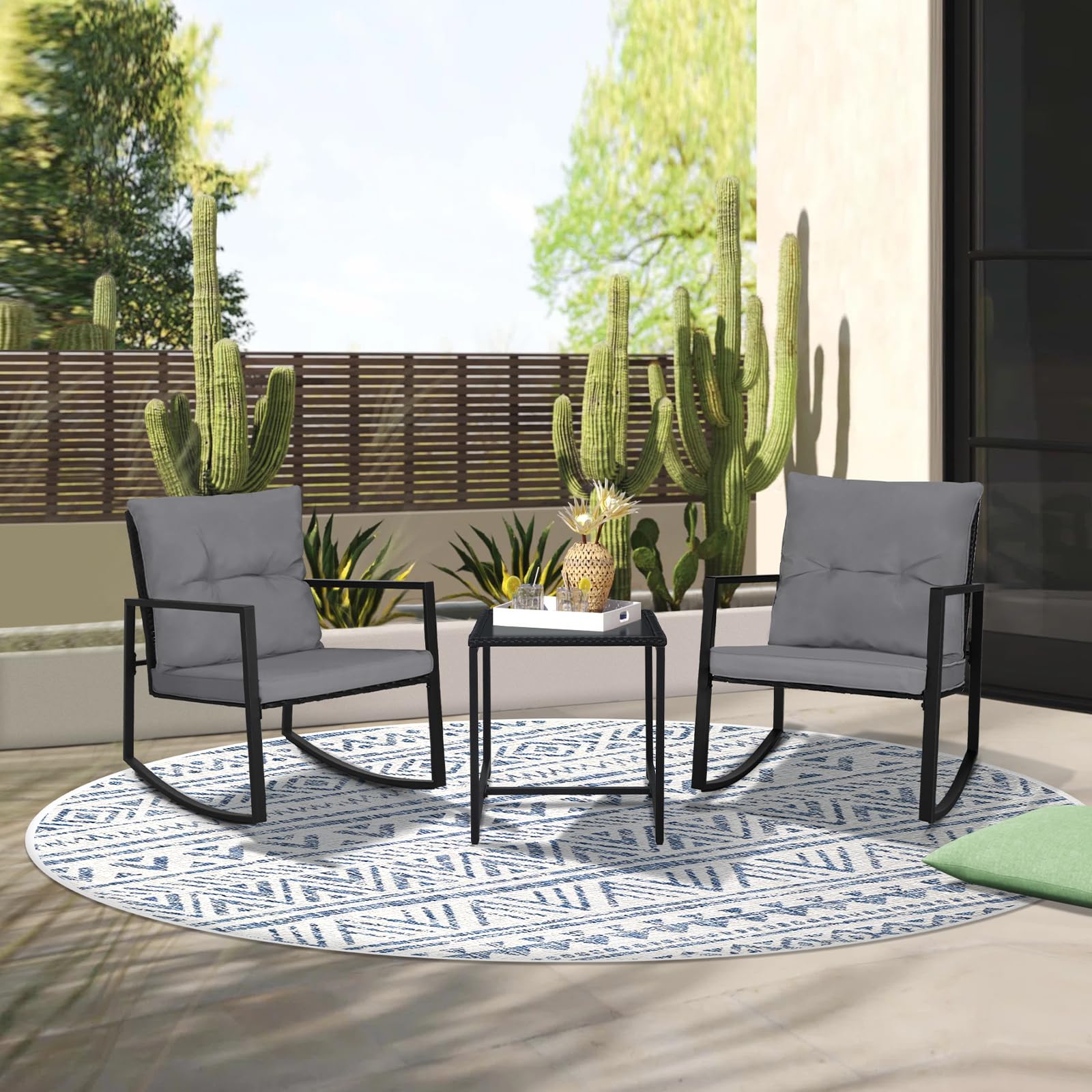 SUNCROWN 3-Piece Outdoor Rocking Bistro Set - Black Wicker Patio Furniture with Glass Coffee Table, Dark Grey - Perfect for Porch, Garden, and Backyard Relaxation