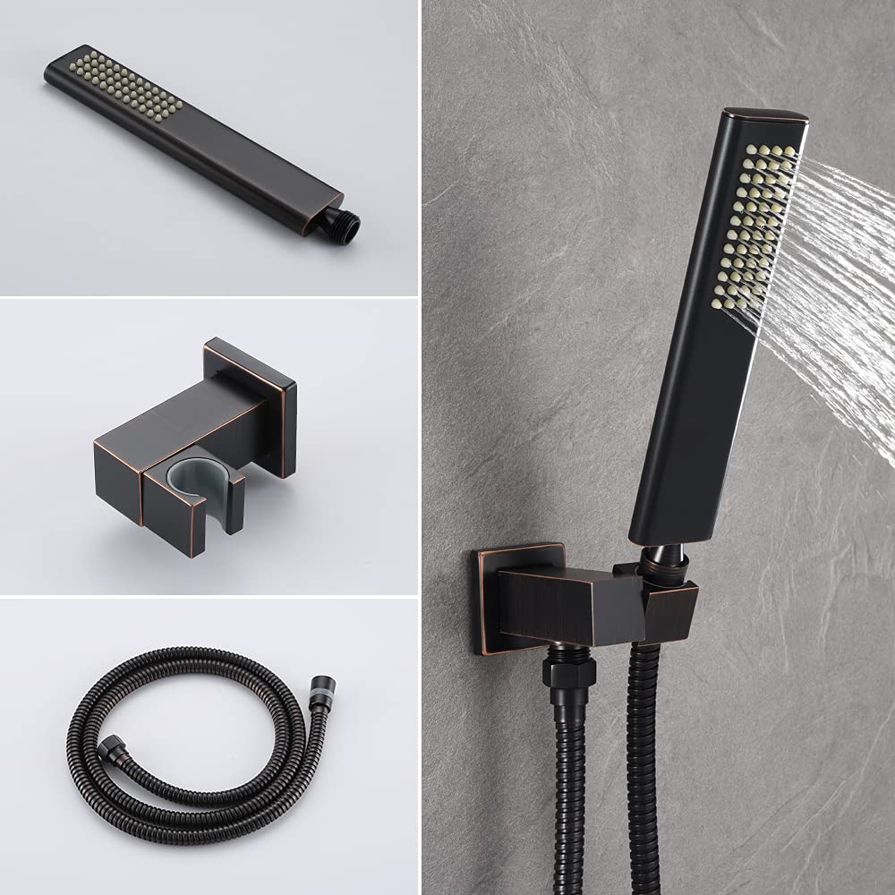 3-Function Square Shower Faucet Set with 12 Inch Rain Shower Head & Handheld - Oil Rubbed Bronze Finish for Luxurious Bathroom Upgrade | Perfect for Master Bath, Spa-Like Experience & Modern Home Renovation