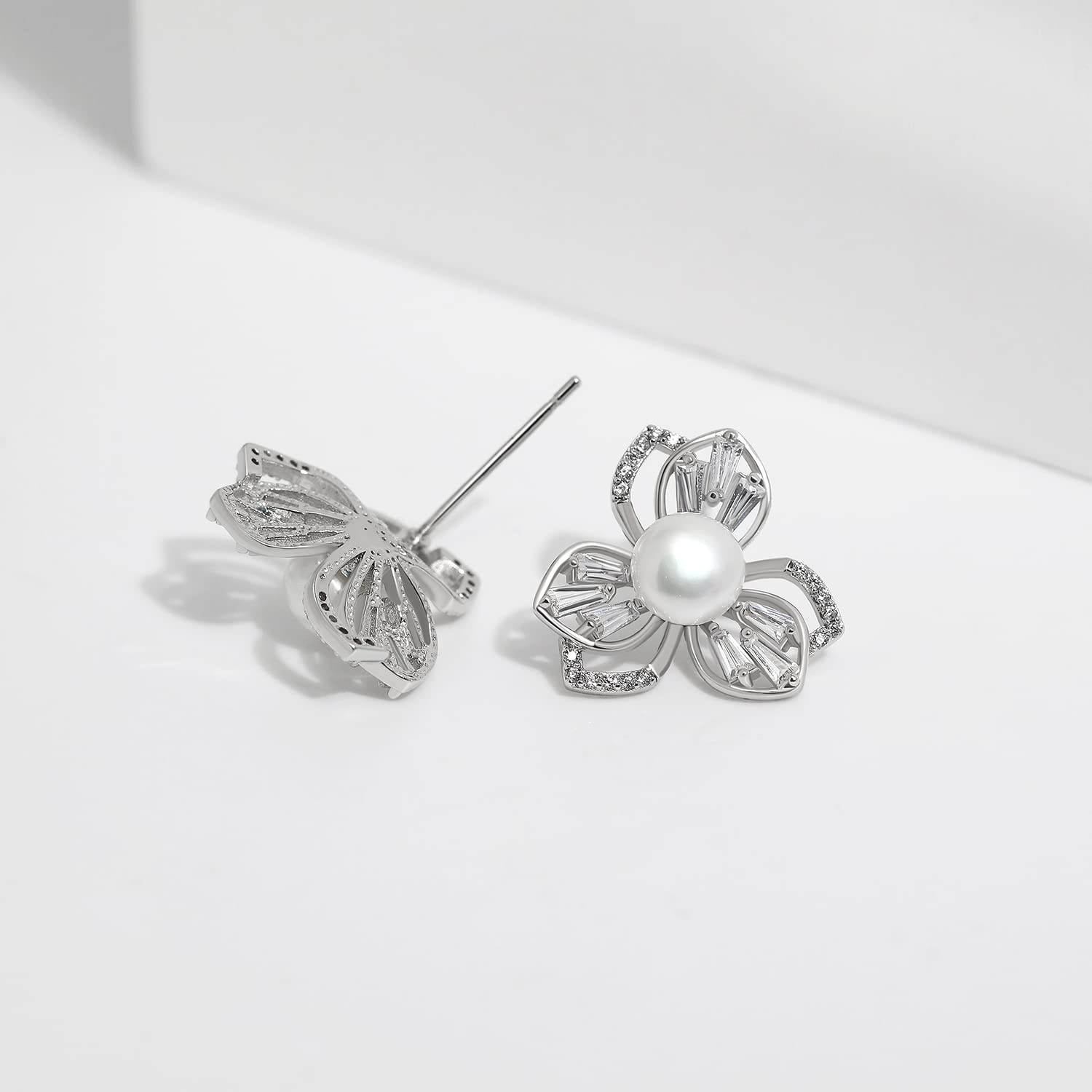 Freshwater Pearl & Diamond Flower Stud Earrings for Women - Rose Gold & Silver Cute Floral Studs, Perfect Gift for Girls - Elegant for Weddings, Parties & Daily Wear