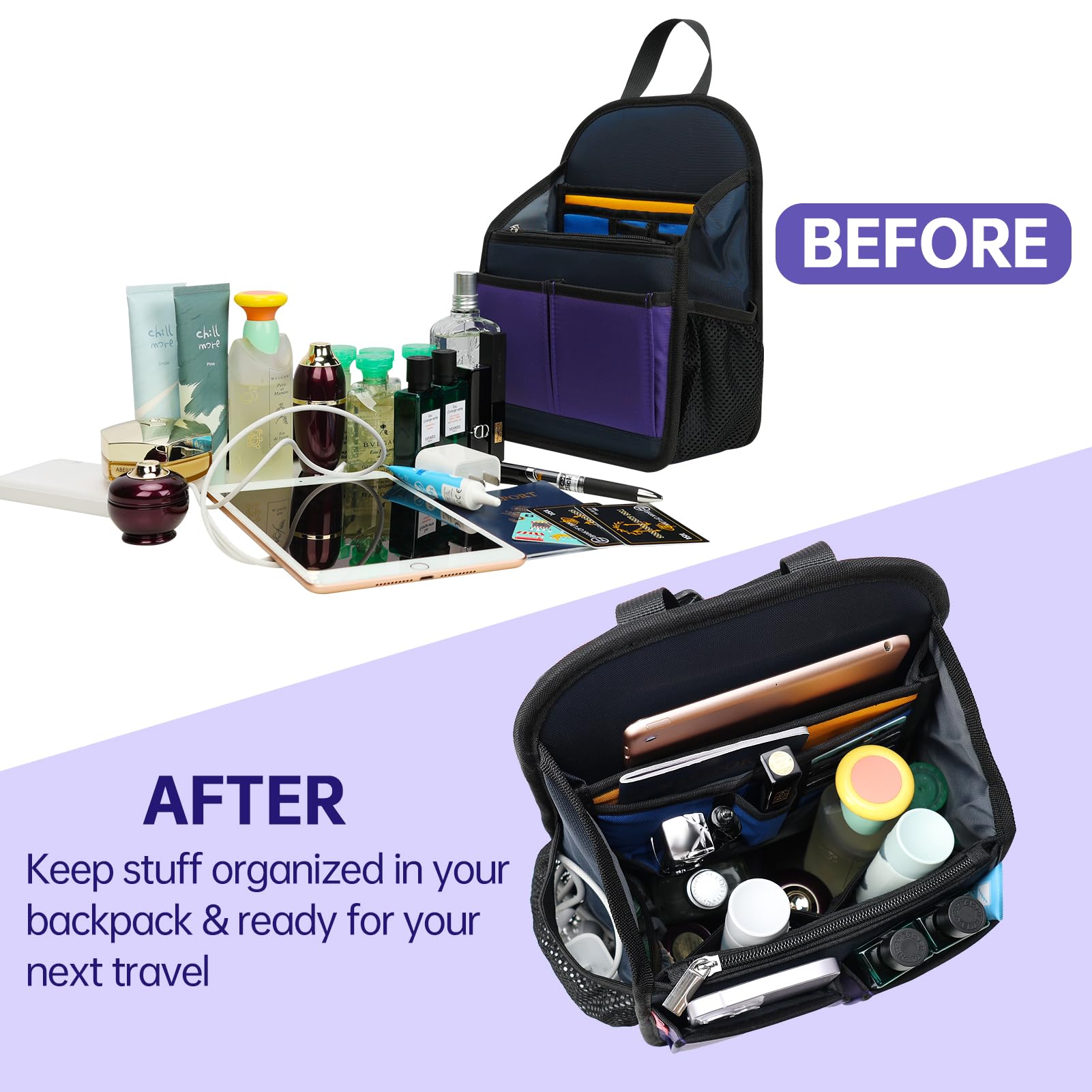 Backpack Organizer Insert for Women & Men - Waterproof Travel Bag Organizer with Multiple Pockets - Perfect for School, Office, Hiking, and Daily Use