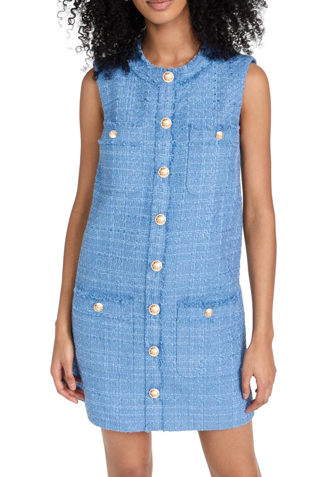 Kedera Women's Tweed Jackie Dress - Elegant Crew Neck Sleeveless Button Bodycon Mini Dress for Cocktail Party, Date Night & Office Wear