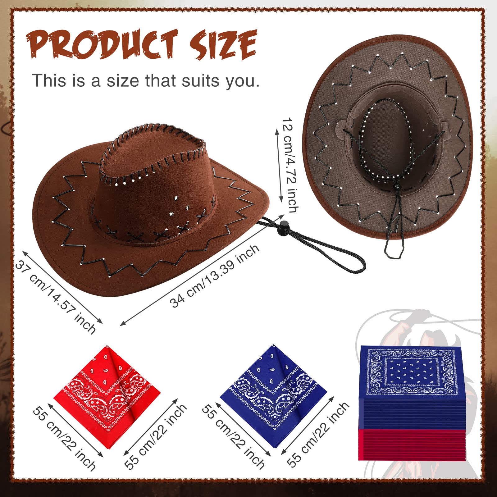 24 Pcs Cowboy Hats with Bandana - Western Party Hats for Cowboy Theme Party, Halloween Costume, Wild West Show & Rodeo Events - Bulk Pack for Kids & Adults