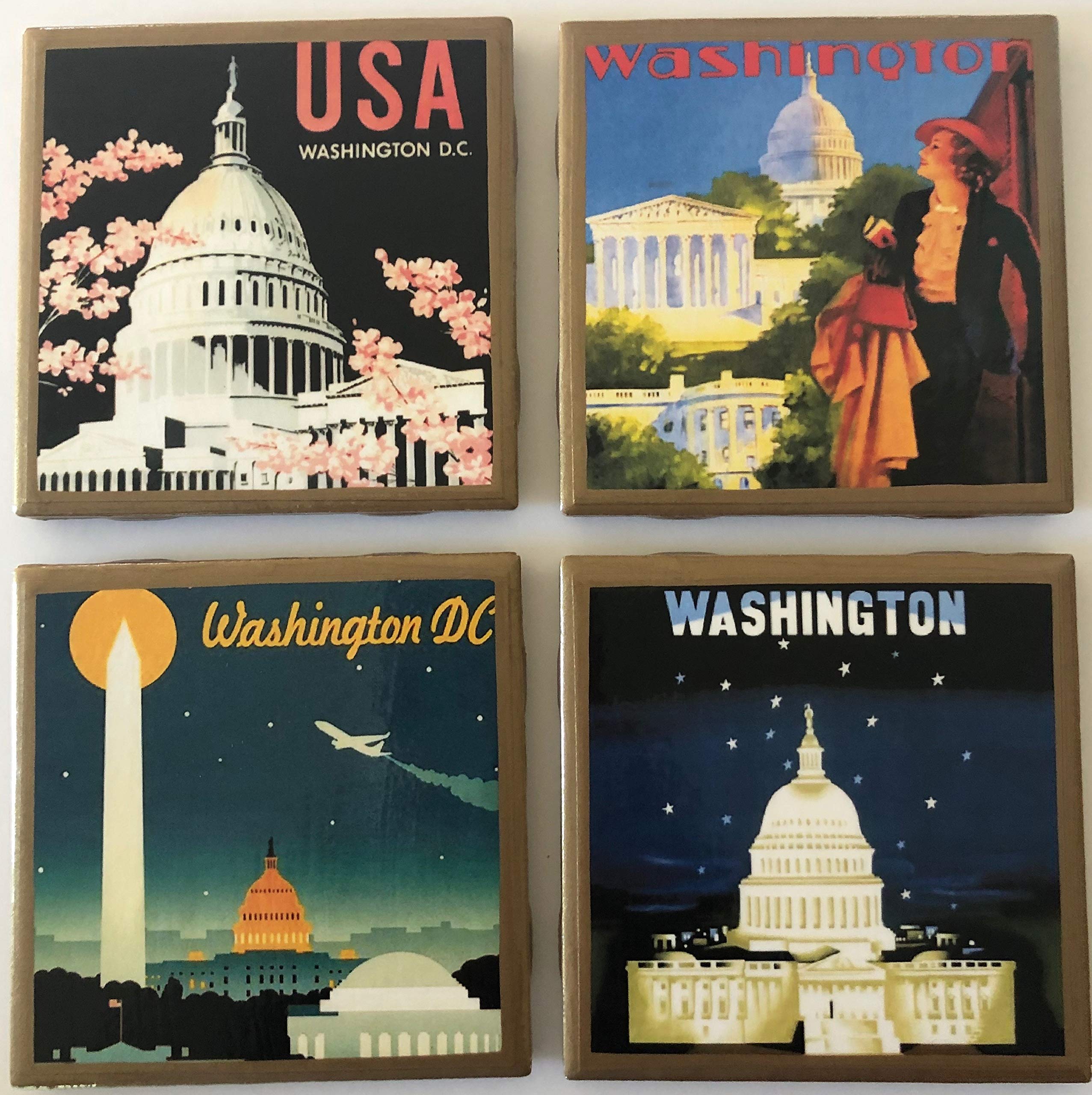 Vintage Washington DC Travel Poster Coasters with Gold Trim - Set of 4 Premium Drink Coasters for Home Bar, Office, or Gift