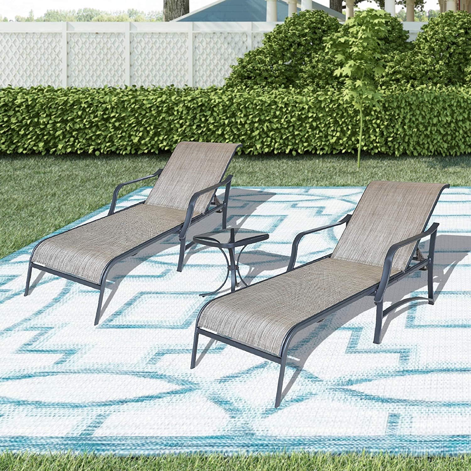 LOKATSE HOME 3-Piece Outdoor Chaise Lounge Set with Adjustable Back - Steel Frame Patio Pool Chairs & Coffee Table in Grey - Perfect for Backyard, Poolside, and Garden Relaxation