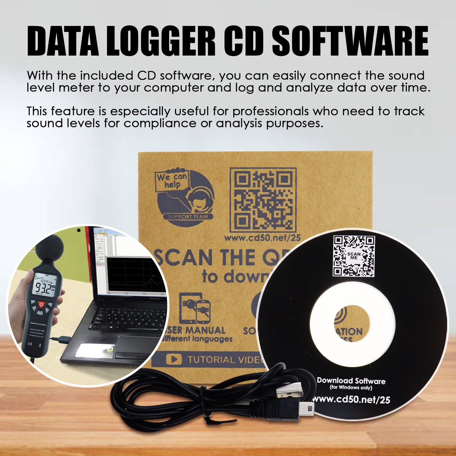 Professional Decibel Meter Sound Level Tester 30-130dB with Data Logger & Backlit LCD - Noise Measurement for Home, Workplace, and Industrial Use - Includes CD Software for Audio Analysis