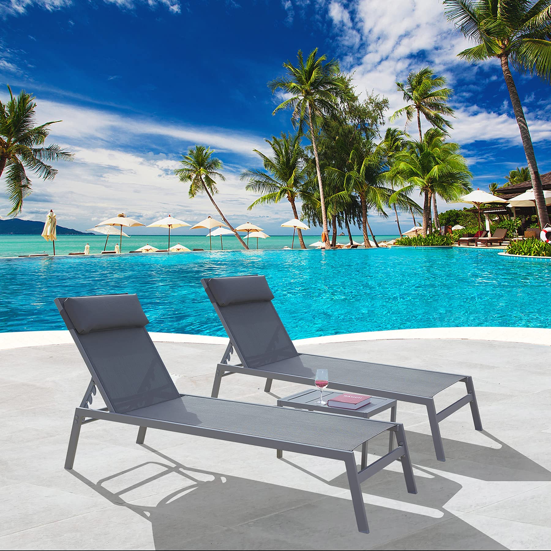 Domi Patio Chaise Lounge Set - 5-Position Adjustable Pool Lounge Chairs with Breathable Textilene Fabric, Headrest & Side Table - Sturdy Steel Frame Outdoor Furniture (Grey) - Perfect for Poolside Relaxation, Backyard Lounging & Patio Decor