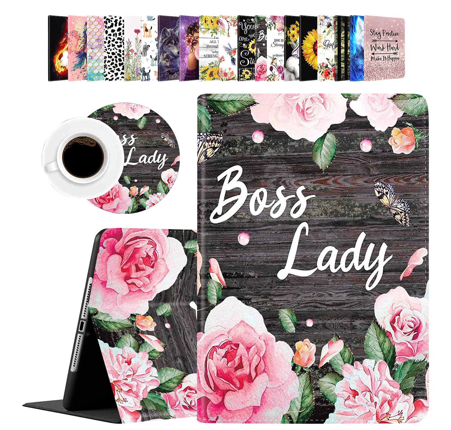 Premium Shockproof Case for iPad 10.2 (8th/7th Gen 2020/2019) & iPad Air/Pro 10.5 Inch - Durable Protective Cover with Floral Boss Lady Design & Coasters Set | Perfect for Work, Travel, and Home Use