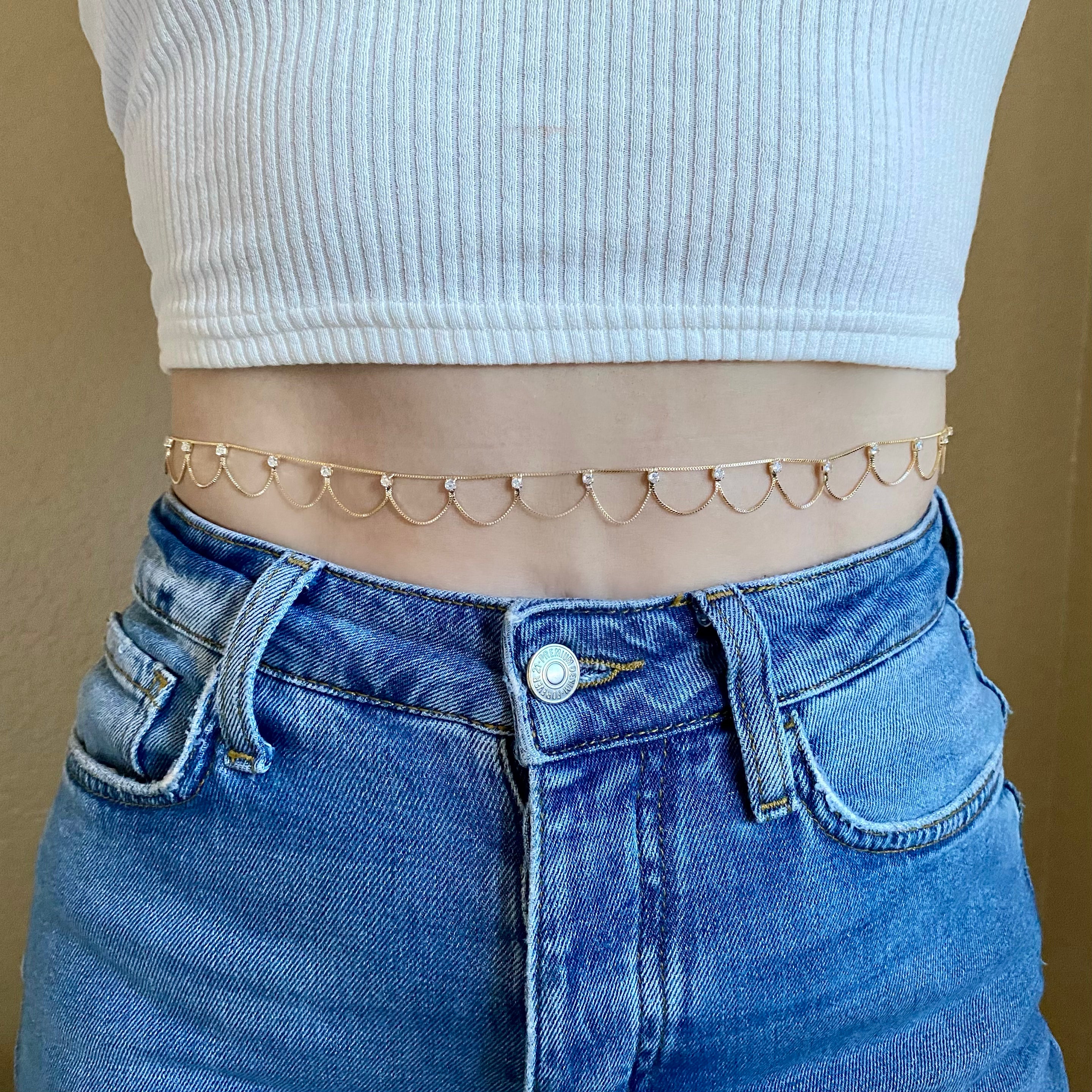 18k Gold Filled Bali Style Belly Chain With Cubic Zirconia Stones - Elegant Waist Jewelry for Women, Perfect for Beach Weddings, Festivals and Boho Fashion