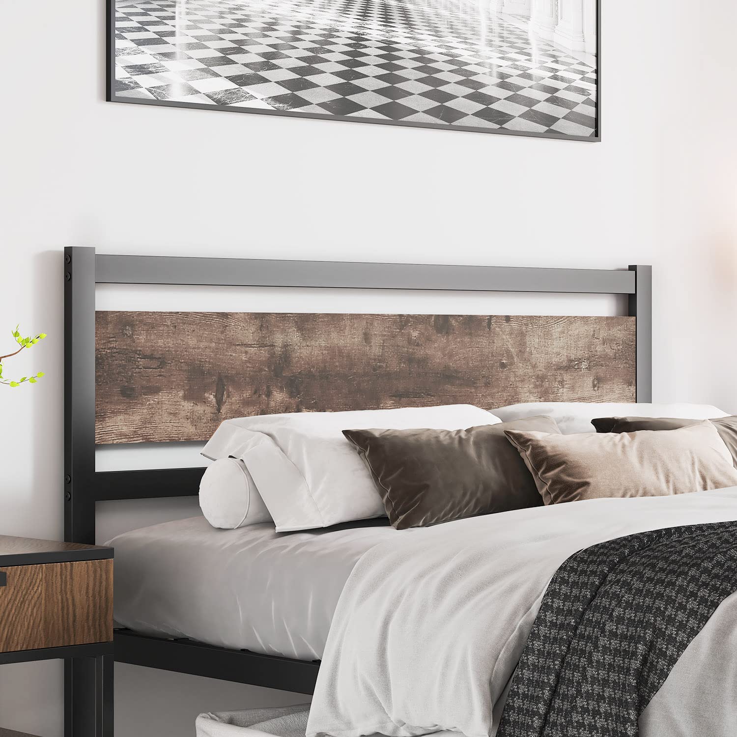 Sturdy Wooden Headboard with Metal Slats - Rustic Style, Easy Assembly for Twin XL/Queen/King Size Beds | Perfect for Farmhouse, Industrial & Modern Bedroom Decor