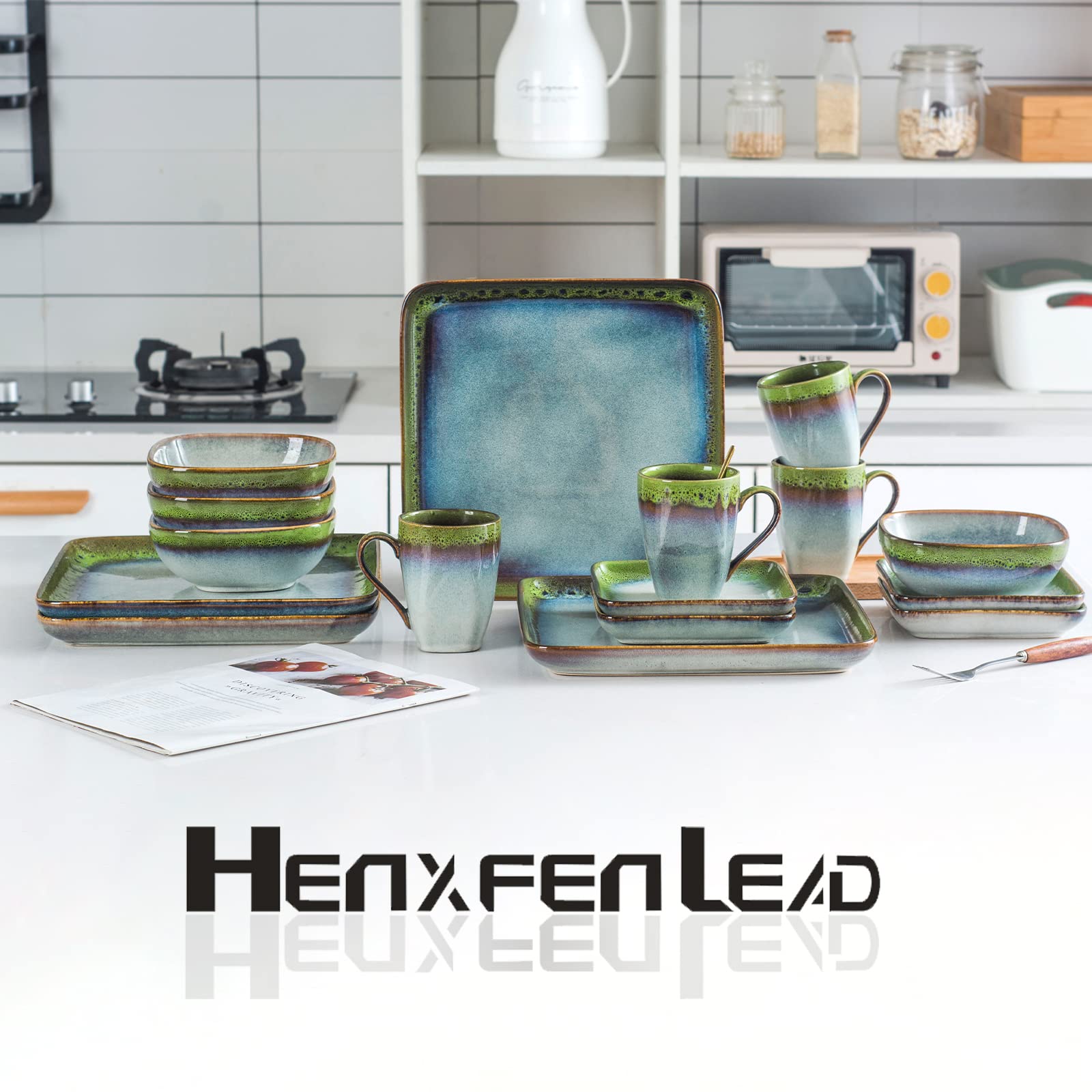 HENXFEN 6.3 Inch Small Ceramic Plates - Set of 4 Scratch Resistant Porcelain Appetizer & Dessert Plates, Microwave & Dishwasher Safe - Reactive Green for Dinner Parties, Tea Time, and Snack Serving