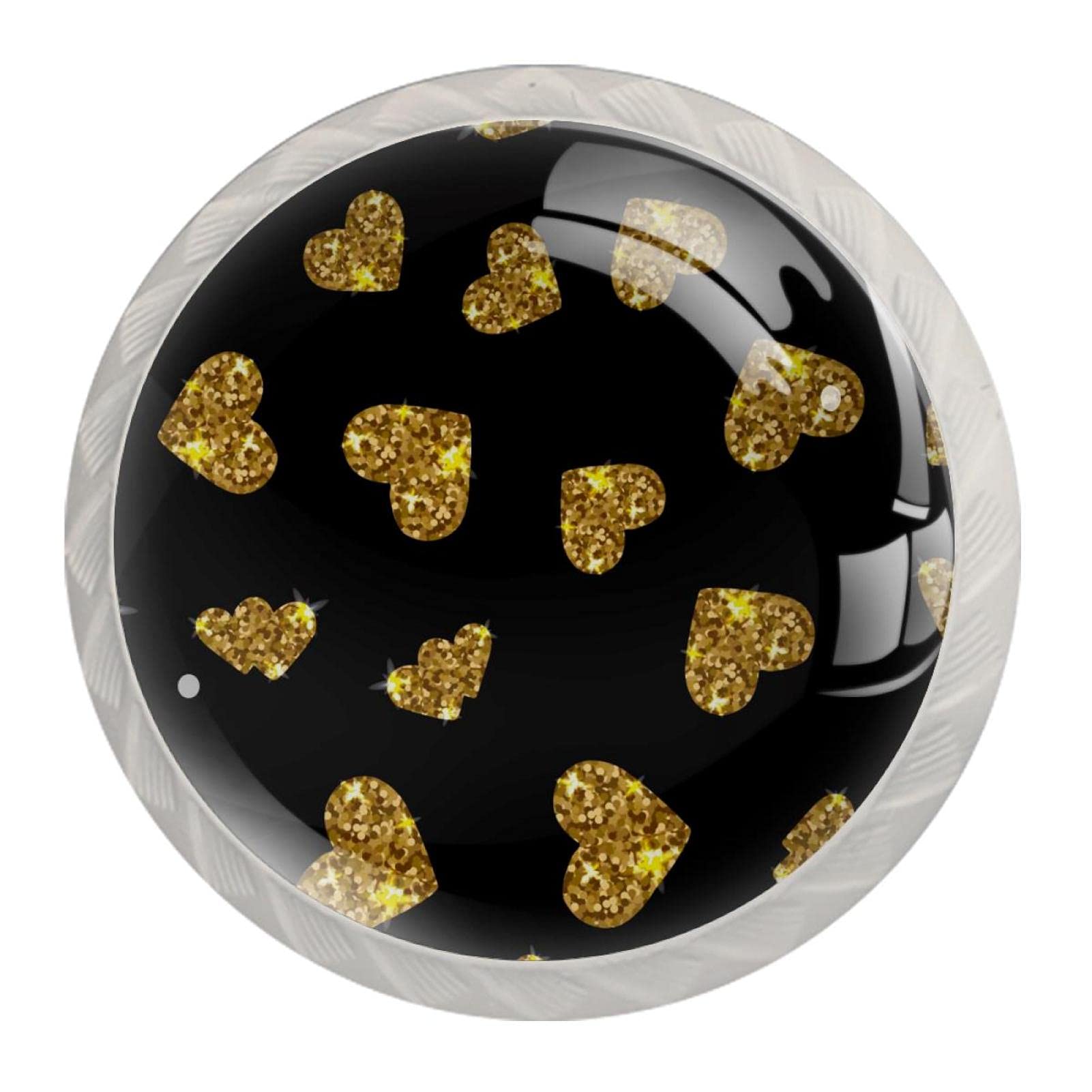 Gold Glittering Heart Pattern Black Mushroom Cabinet Knobs - Set of 44 Pack Round Glass Drawer Pulls with Screws - Perfect for Kitchen Cabinets, Bathroom Vanities & Furniture Upgrades
