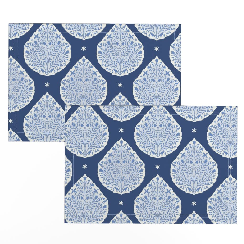 Premium Linen Cotton Canvas Placemats Set of 2 - Blue Paisley Medallion Boho Floral Bird Print Table Mats for Dining Room Decor | Washable & Durable for Everyday Use, Dinner Parties & Boho Home Styling