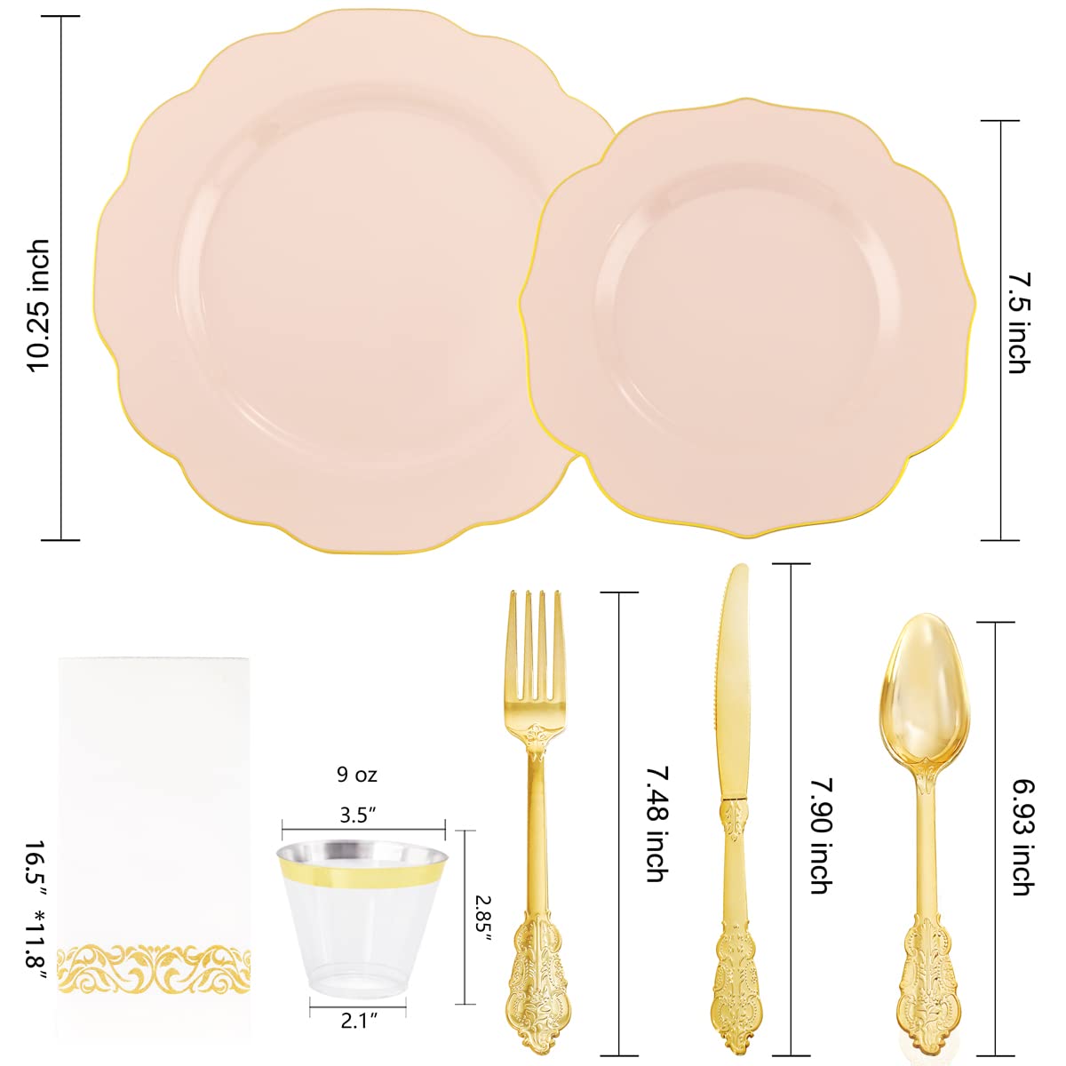 NOCCUR 175-Piece Pink Plastic Party Tableware Set - 50 Disposable Plates, 25 Forks, 25 Knives, 25 Spoons, 25 Cups & 25 Napkins - Elegant Gold Trim - Perfect for Weddings, Baby Showers, Birthday Parties & Bridal Showers - Great for Indoor/Outdoor Events & Catering