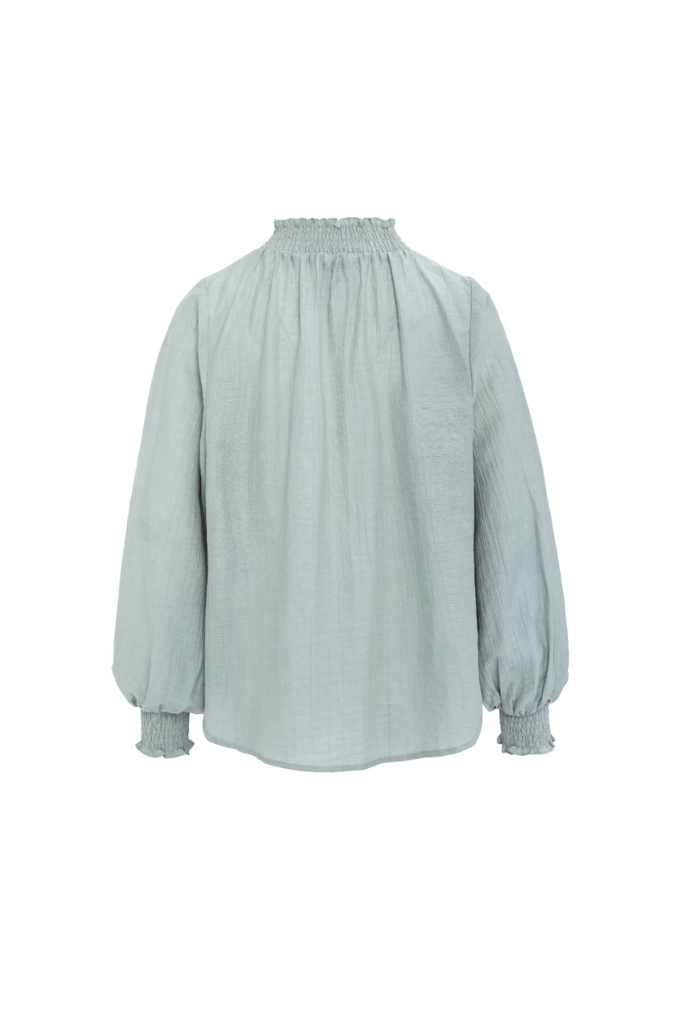 Embrace Sage Crinkle Long Sleeve High Neck Blouse with Shirred Detail & Puff Sleeves - Elegant Women's Tops for Work, Date Night & Special Occasions