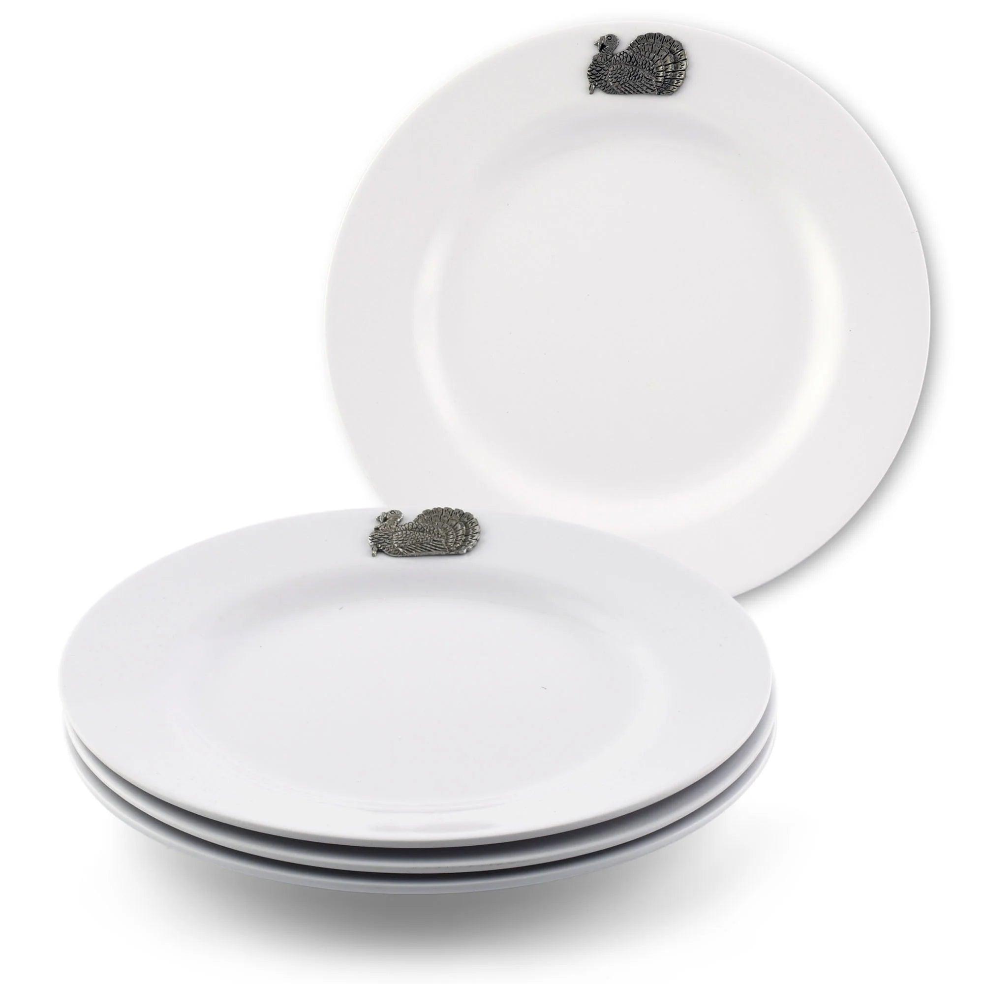 Premium White Melamine Dinner Plates Set of 10 with Elegant Pewter Turkey Design - Perfect for Thanksgiving, Holiday Gatherings & Special Occasions