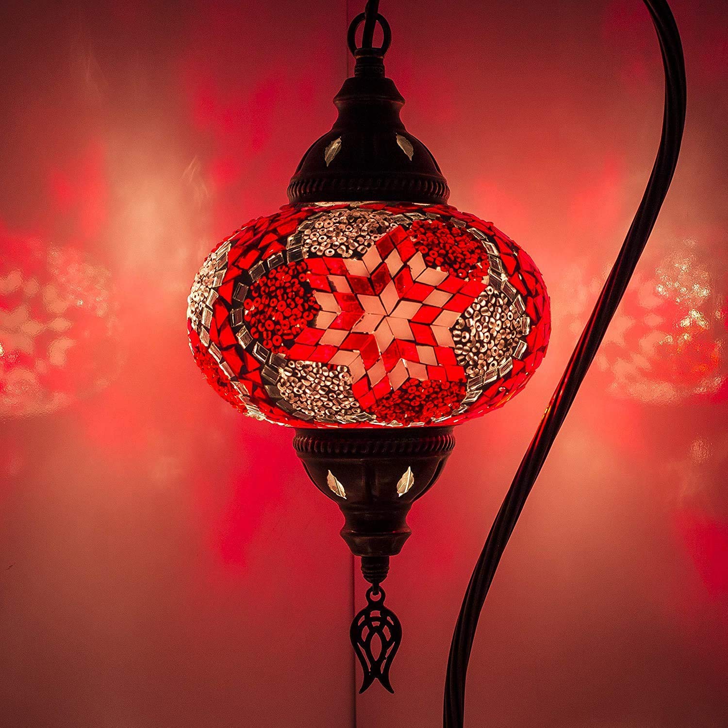 Handmade Turkish Moroccan Mosaic Table Lamp - Tiffany Style Bohemian Glass Swan Neck Lamp with LED Bulb (5 Color Variations) | Perfect for Bedroom Nightstand, Living Room Decor & Boho Home Lighting