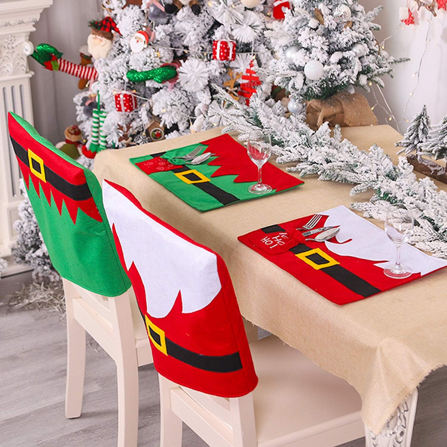 Lvydec 4 Pack Santa Claus Christmas Chair Covers with Belt Buckle - Festive Dining Room Chair Back Covers for Holiday Decor - Perfect for Christmas Parties, Home Decor & Seasonal Celebrations