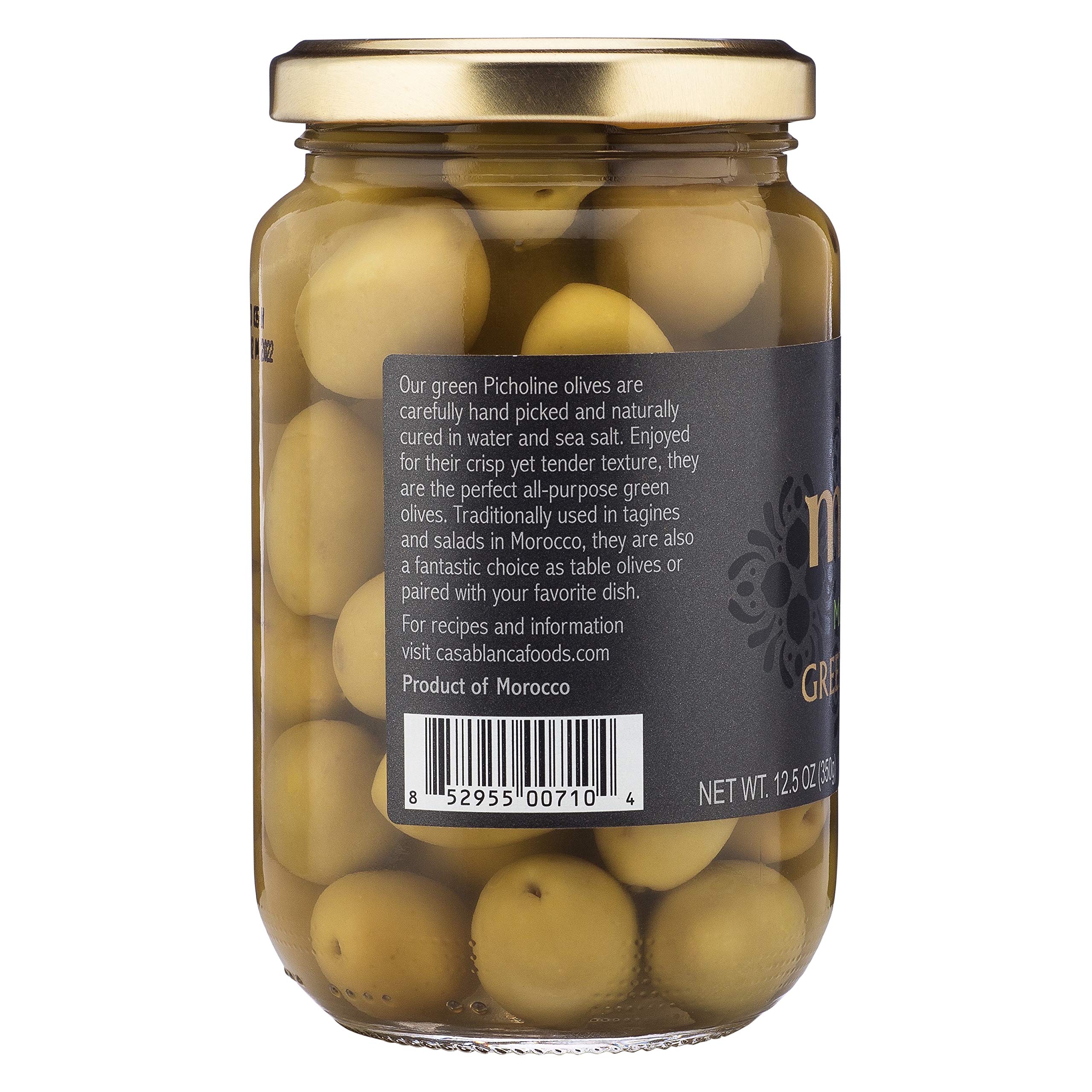 Premium Moroccan Green Olives - Hand Picked, Naturally Cured | 12.5 oz (Pack of 6) | Vegan, Gluten Free, Non-GMO, Keto & Paleo Friendly Snack | Perfect for Charcuterie Boards, Salads & Healthy Snacking