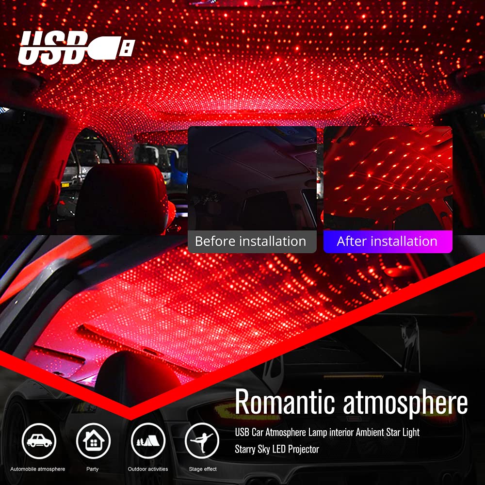 USB Star Projector Night Light - Adjustable Romantic LED Mood Lighting for Bedroom, Car, Ceiling & Party Decor - Plug & Play USB-Powered (1 Pack, Red) - Perfect for Relaxation, Date Nights & Home Ambiance