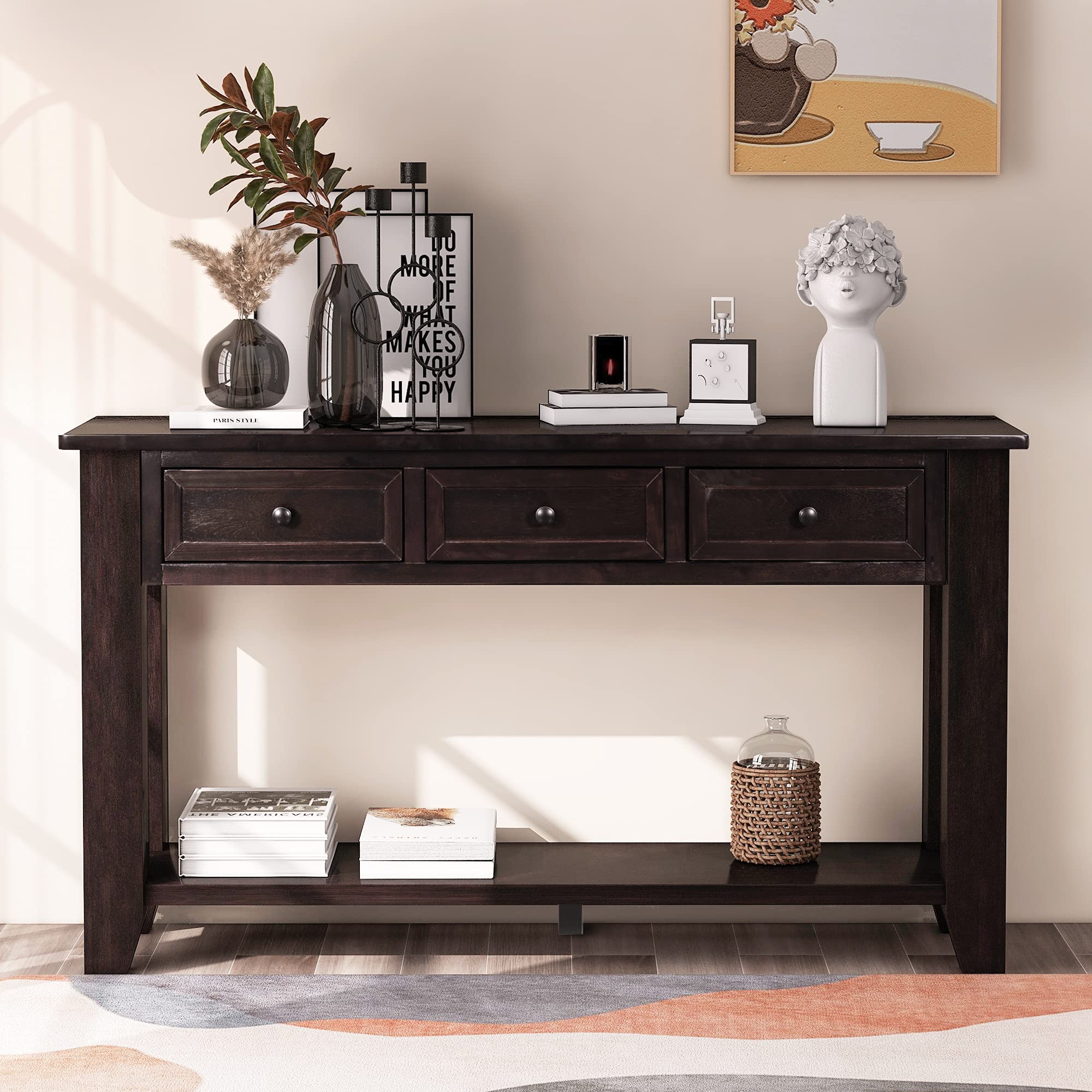 55 Inch Rustic Solid Wood Console Table with 3 Drawers & Shelf - Classic Espresso Sofa Table for Entryway, Living Room & Hallway | Perfect for Home Decor, Storage & Displaying Decor Items