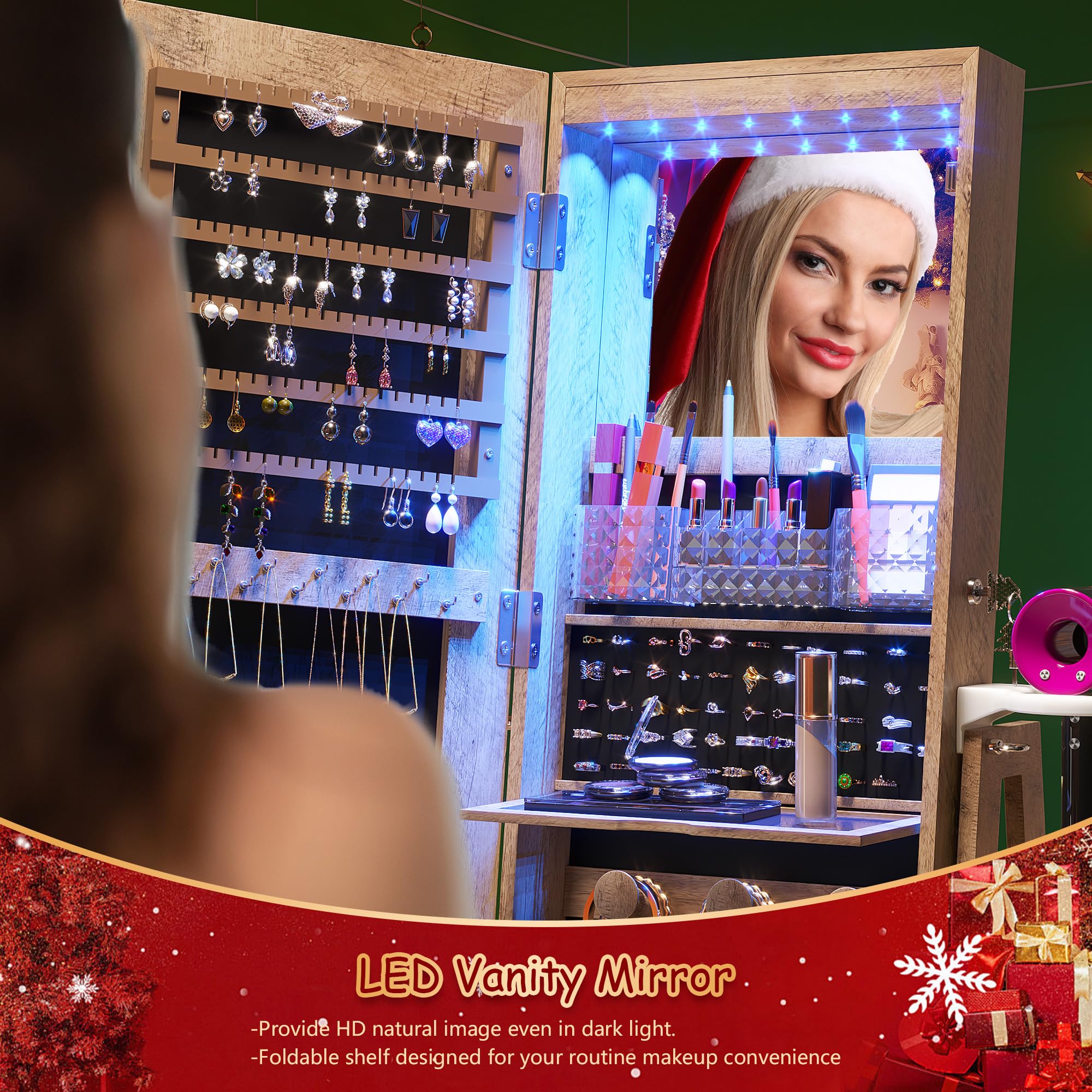 HWB Full Length Mirror with Storage - Standing Jewelry Cabinet with LED Lights, 360° Rotatable Jewelry Armoire Organizer with Foldable Makeup Shelf, Brown - Perfect for Bedroom, Dressing Room & Closet Organization