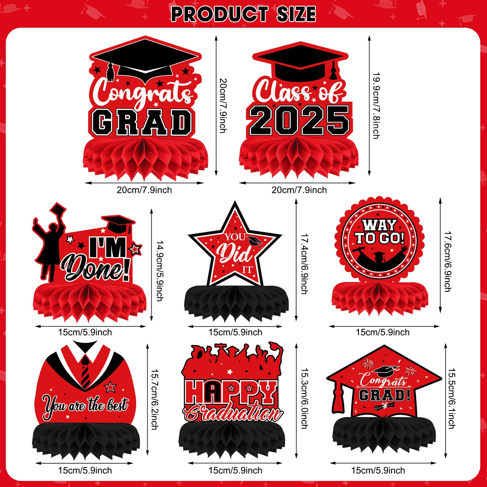 8-Piece Class of 2025 Graduation Table Decor Set - Red & Black Honeycomb Centerpieces for 2025 Grad Party | Congrats Grad Table Toppers | Perfect for Graduation Ceremony Decorations & Party Favors